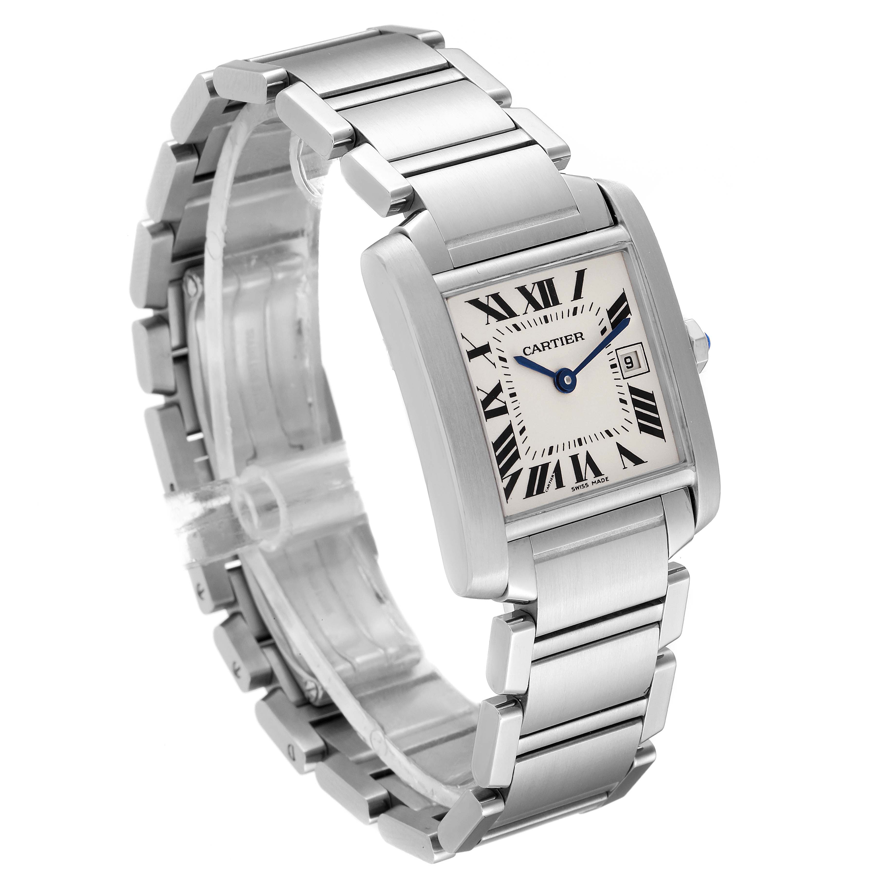 The image shows a Cartier Tank Francaise W51011Q3 Women's Stainless Steel Silver Dial W51011Q3 Women's Stainless Steel Silver Dial watch, angled to display the rectangular face, bracelet, and clasp.