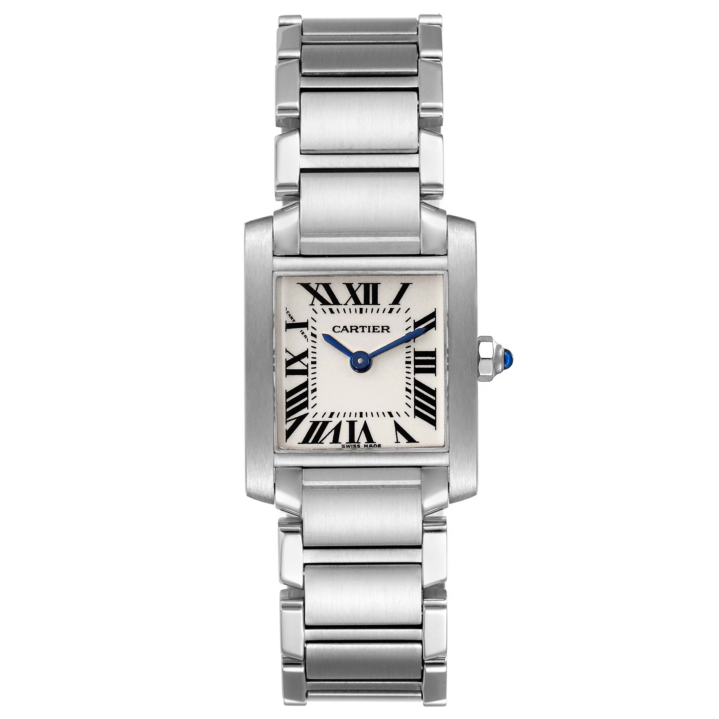 The image shows a front view of the Cartier Tank Francaise W51008Q3 Women's Stainless Steel Silver Dial W51008Q3 Women's Stainless Steel Silver Dial watch, displaying its square face, Roman numerals, and metal bracelet.