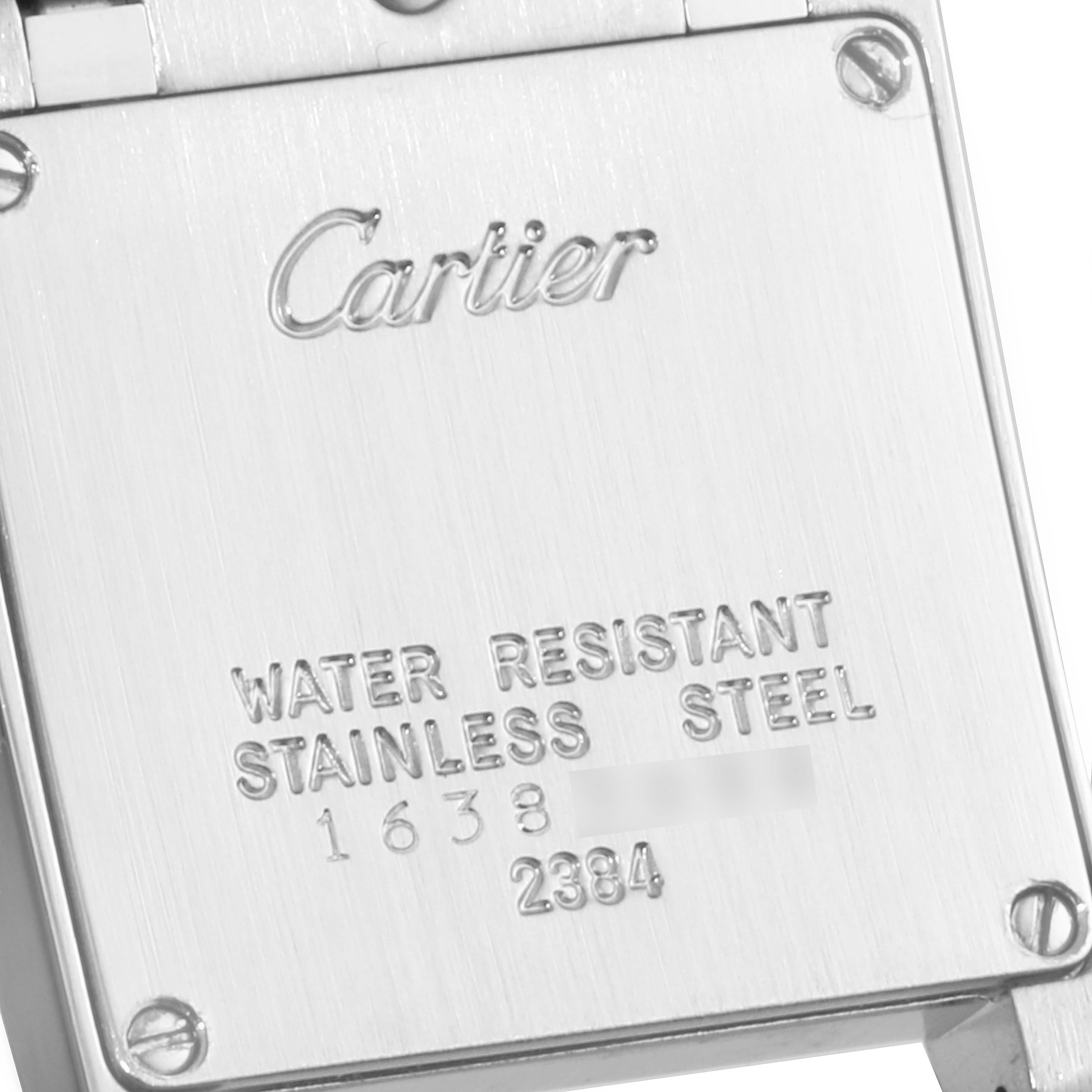 This image shows the back case of a Cartier Tank Francaise W51008Q3 Women's Stainless Steel Silver Dial W51008Q3 Women's Stainless Steel Silver Dial watch, displaying the brand name and watch specifications.