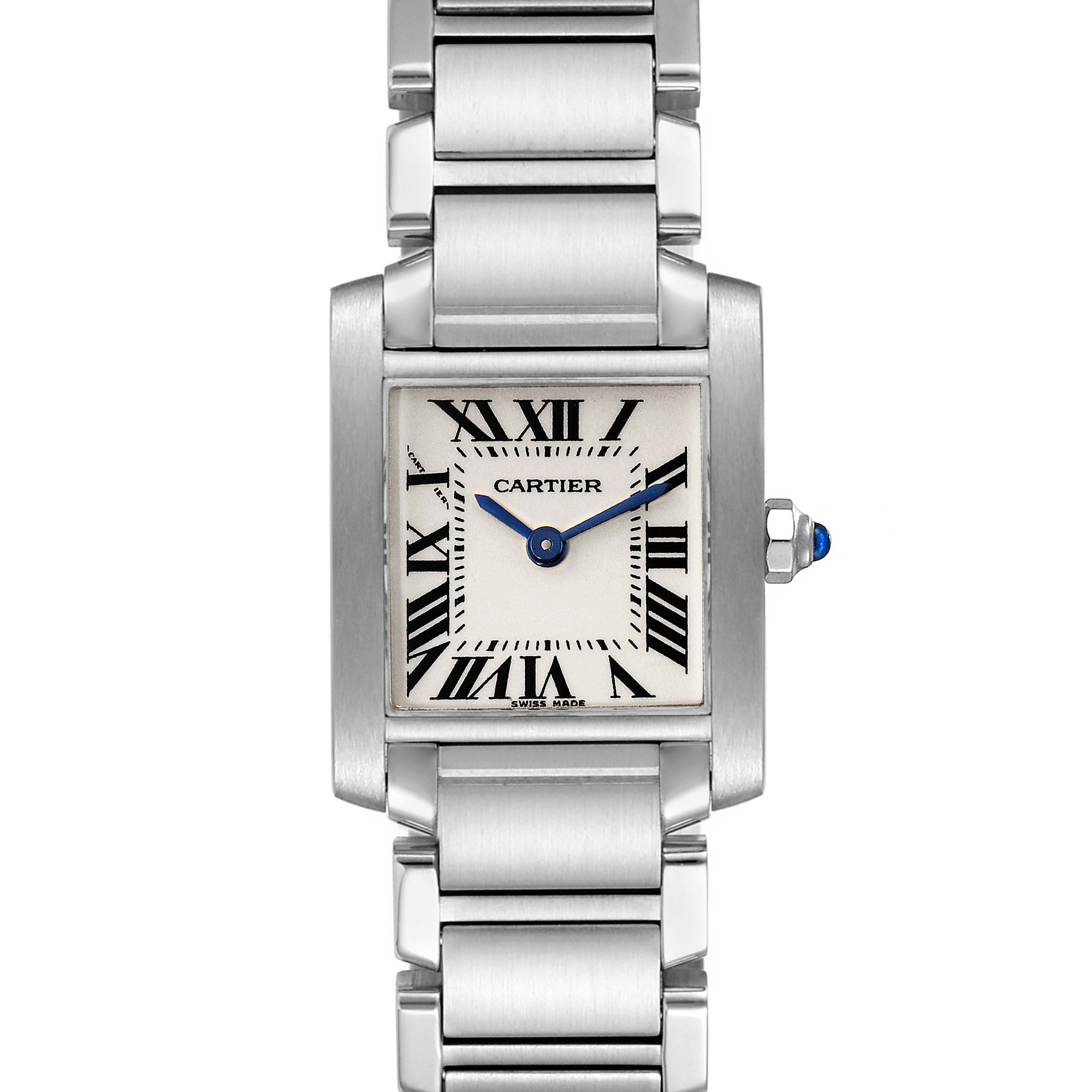The Cartier Tank Francaise W51008Q3 Women's Stainless Steel Silver Dial W51008Q3 Women's Stainless Steel Silver Dial watch is shown from a top-down angle, displaying the face, bracelet, and crown.