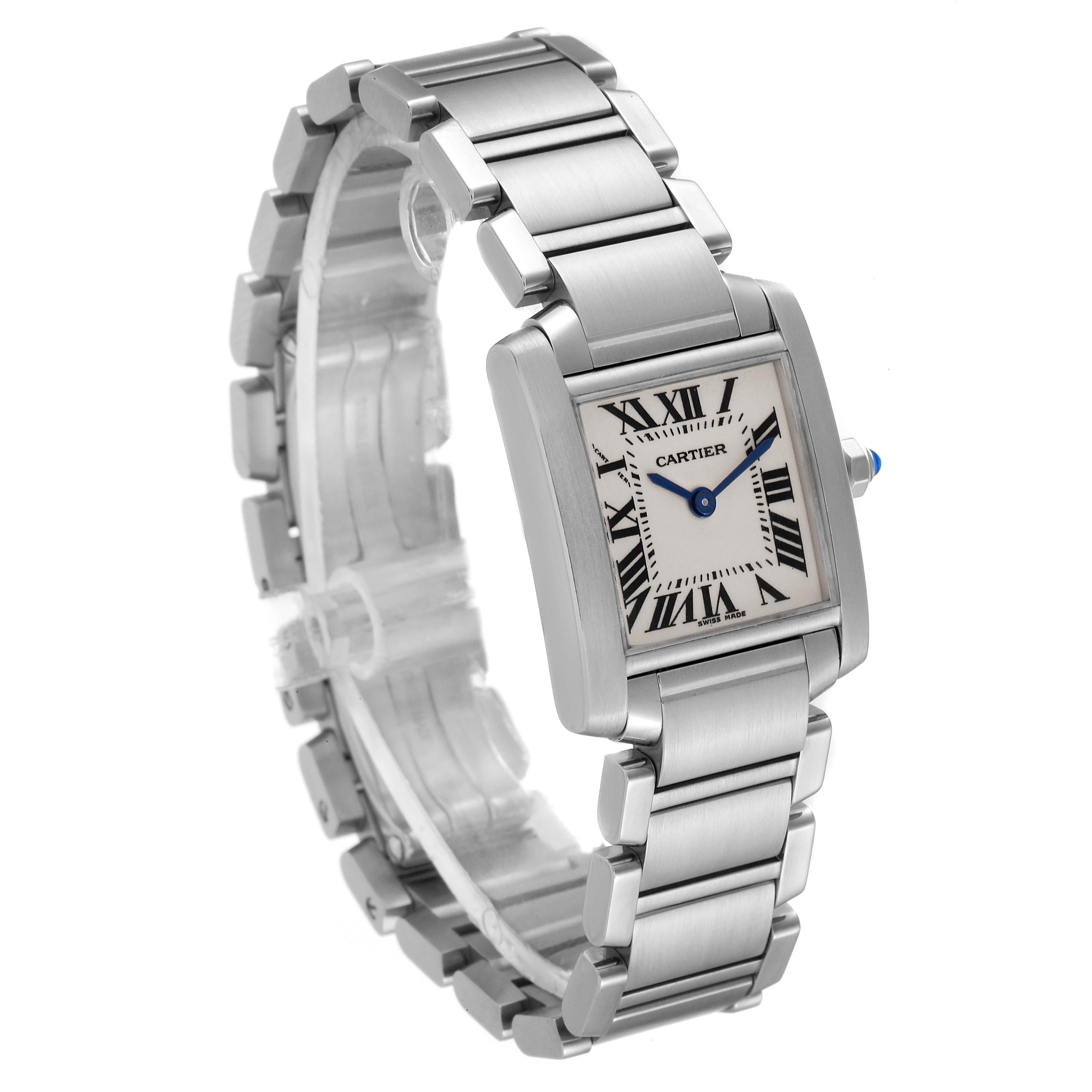 The image shows a Cartier Tank Française watch from an angled perspective, highlighting its metal band and rectangular face.