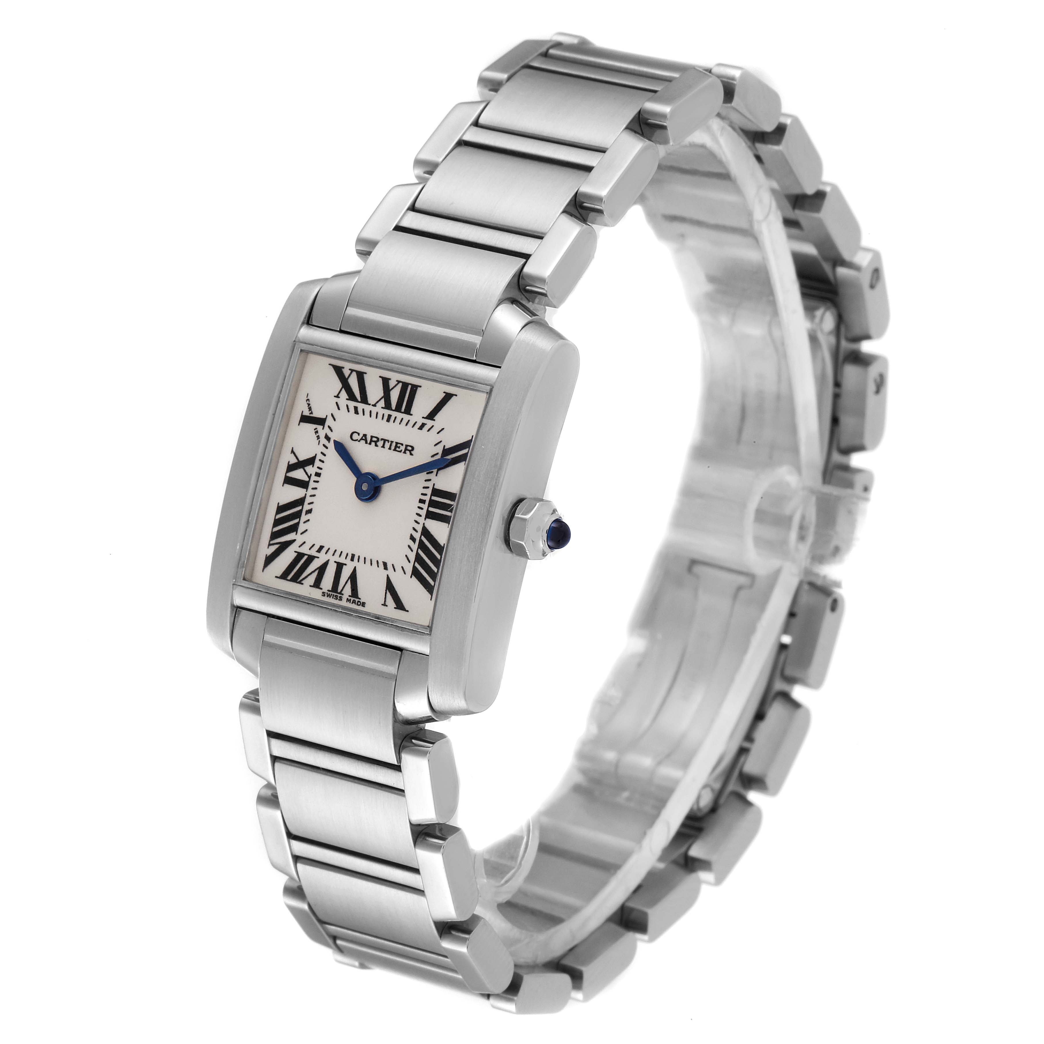 The image shows a front and side view of a Cartier Tank Francaise W51008Q3 Women's Stainless Steel Silver Dial W51008Q3 Women's Stainless Steel Silver Dial watch, highlighting the bracelet, case, and dial.