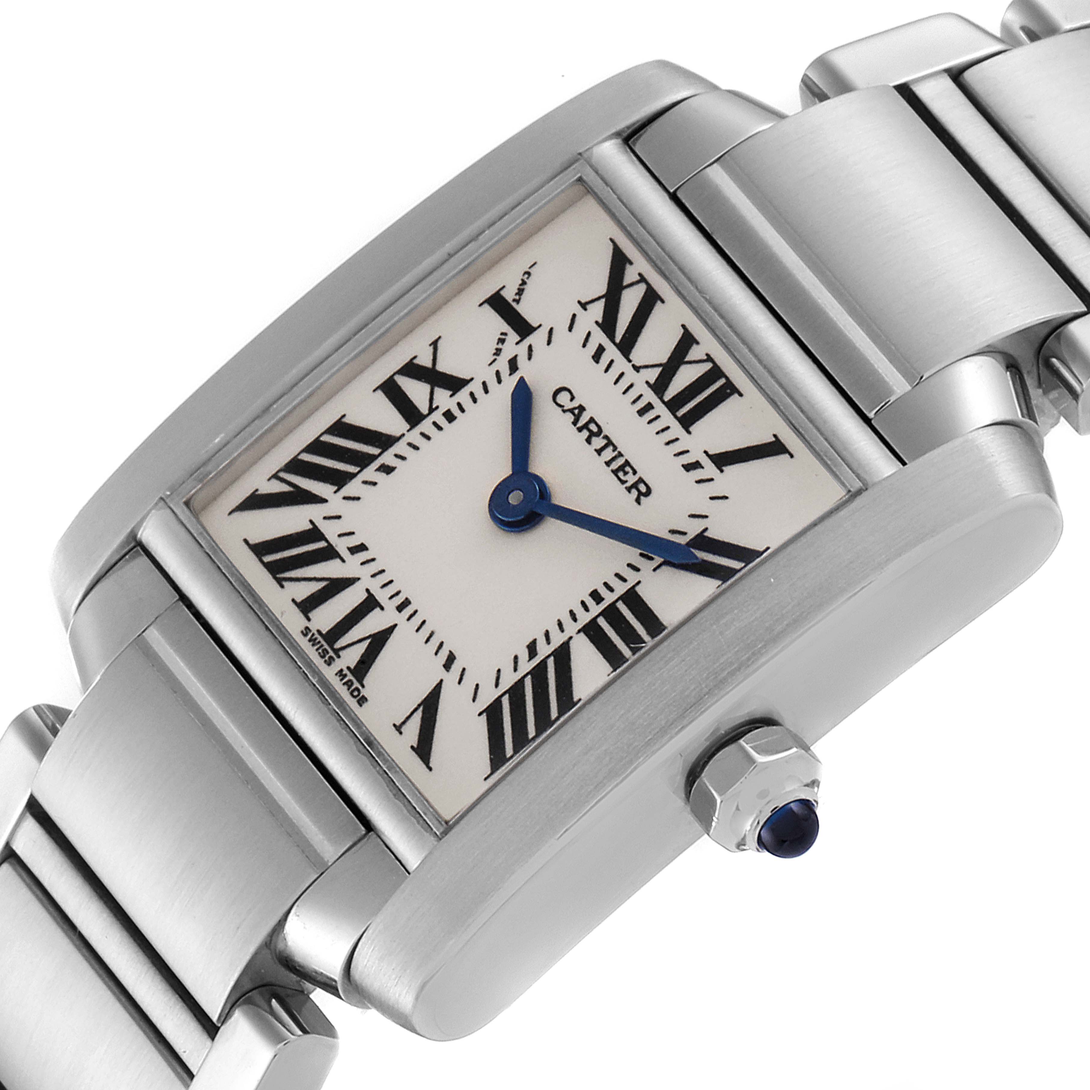 This image shows a close-up, angled view of the face and bracelet of the Cartier Tank Française watch.