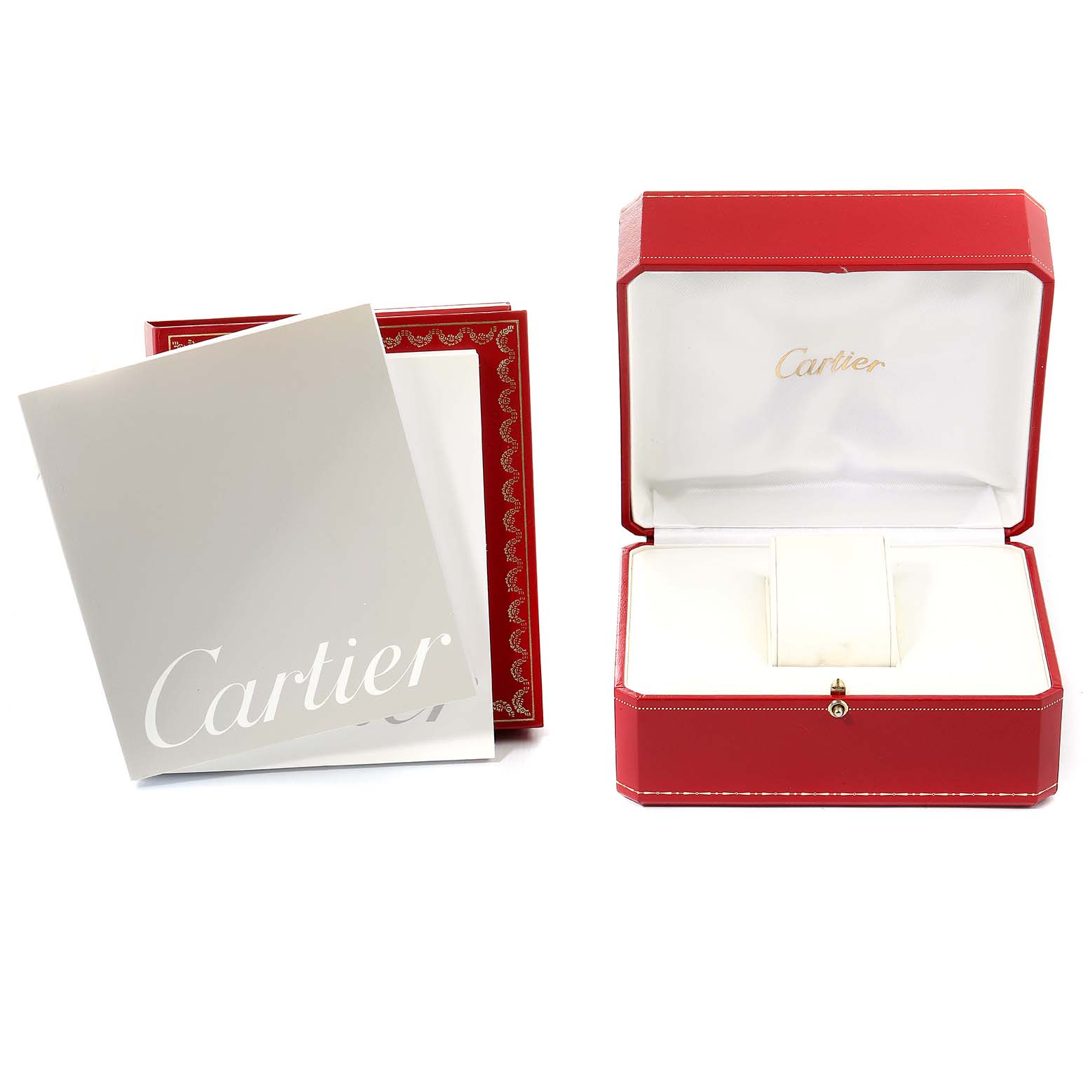The image shows the red Cartier Tank Francaise W51008Q3 Women
s Stainless Steel Silver Dial W51008Q3 Women
s Stainless Steel Silver Dial watch box and paperwork viewed from an angle revealing both the exterior and interior details.