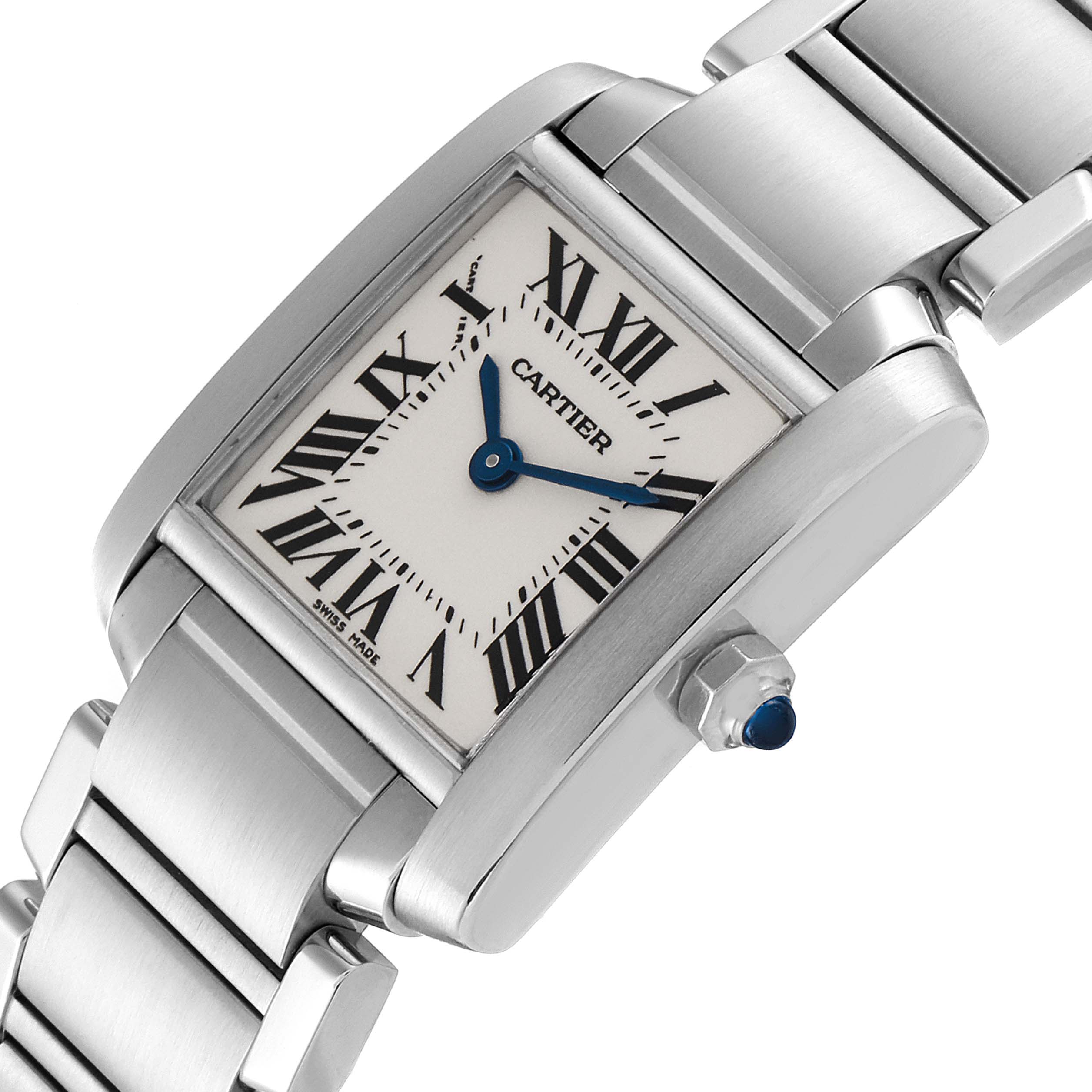 The image shows a close-up angled view of the Cartier Tank Francaise W51008Q3 Women
s Stainless Steel Silver Dial W51008Q3 Women
s Stainless Steel Silver Dial watch face and part of its metal bracelet.
