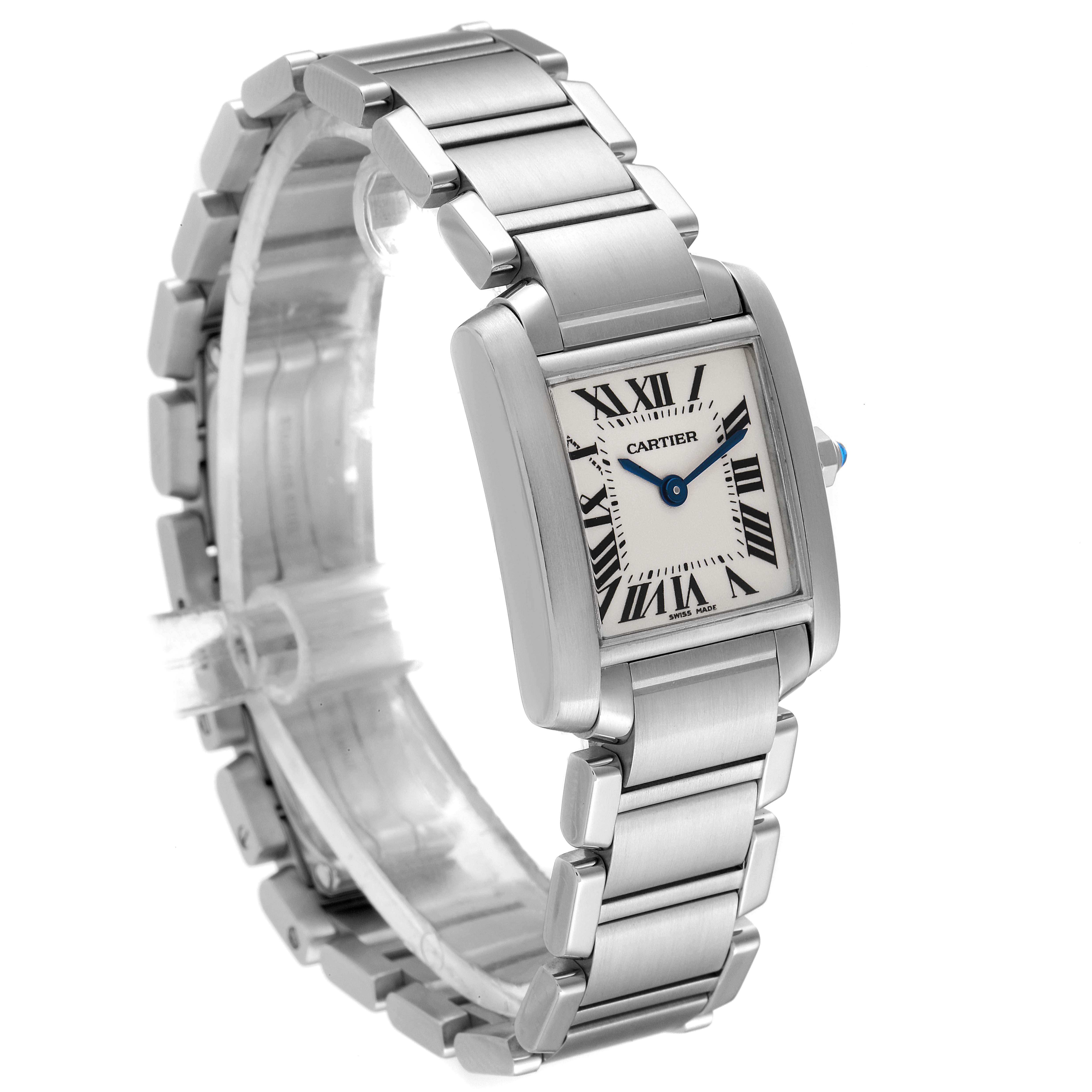 The image shows a Cartier Tank Francaise W51008Q3 Women
s Stainless Steel Silver Dial W51008Q3 Women
s Stainless Steel Silver Dial watch at a slight angled view, highlighting its square dial and metal bracelet.