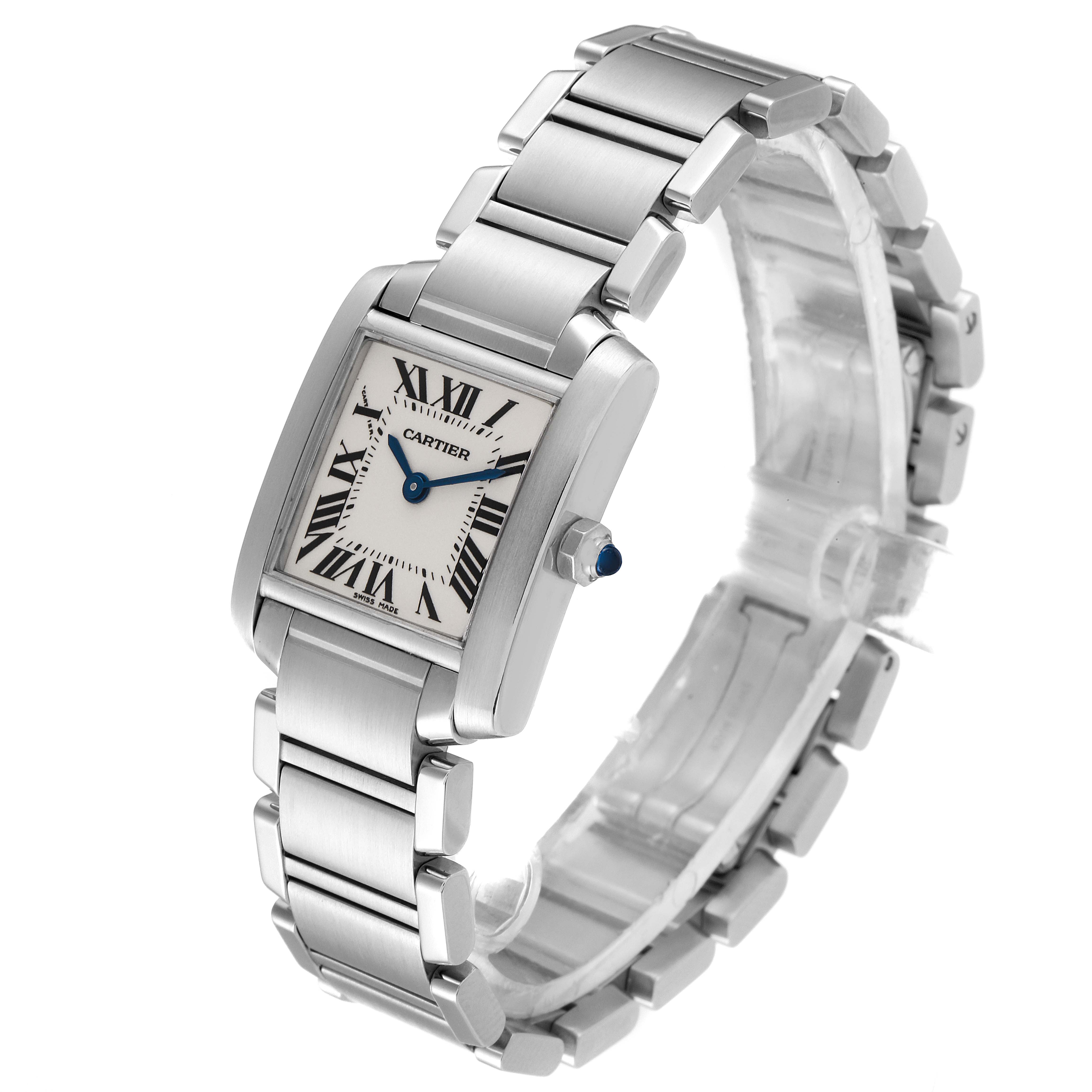 The image shows a Tank Francaise model by Cartier, viewed from a three-quarter angle displaying the dial, bracelet, and crown.