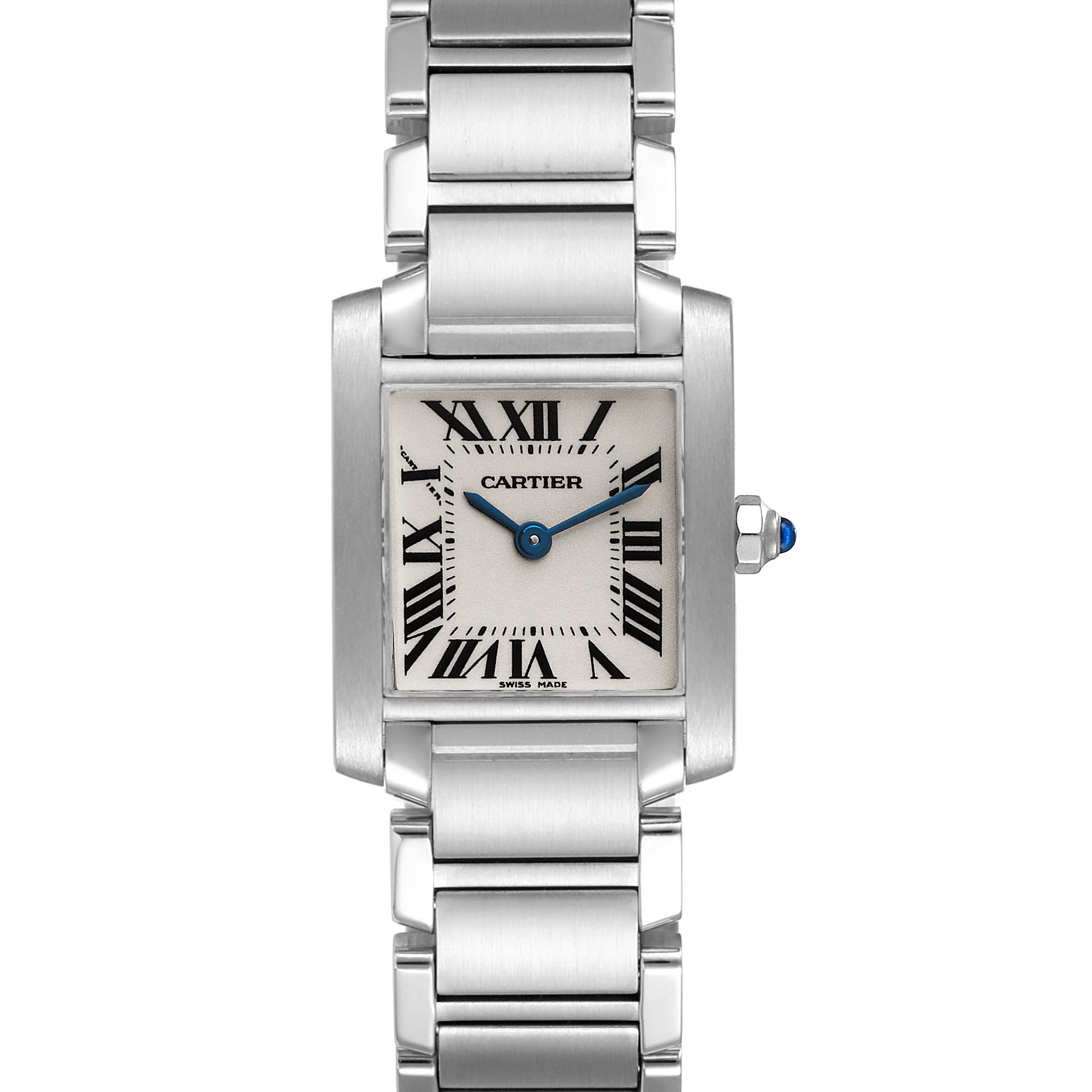 This is a front view of the Cartier Tank Francaise W51008Q3 Women
s Stainless Steel Silver Dial W51008Q3 Women
s Stainless Steel Silver Dial watch, showing the dial, hands, bracelet, and crown.