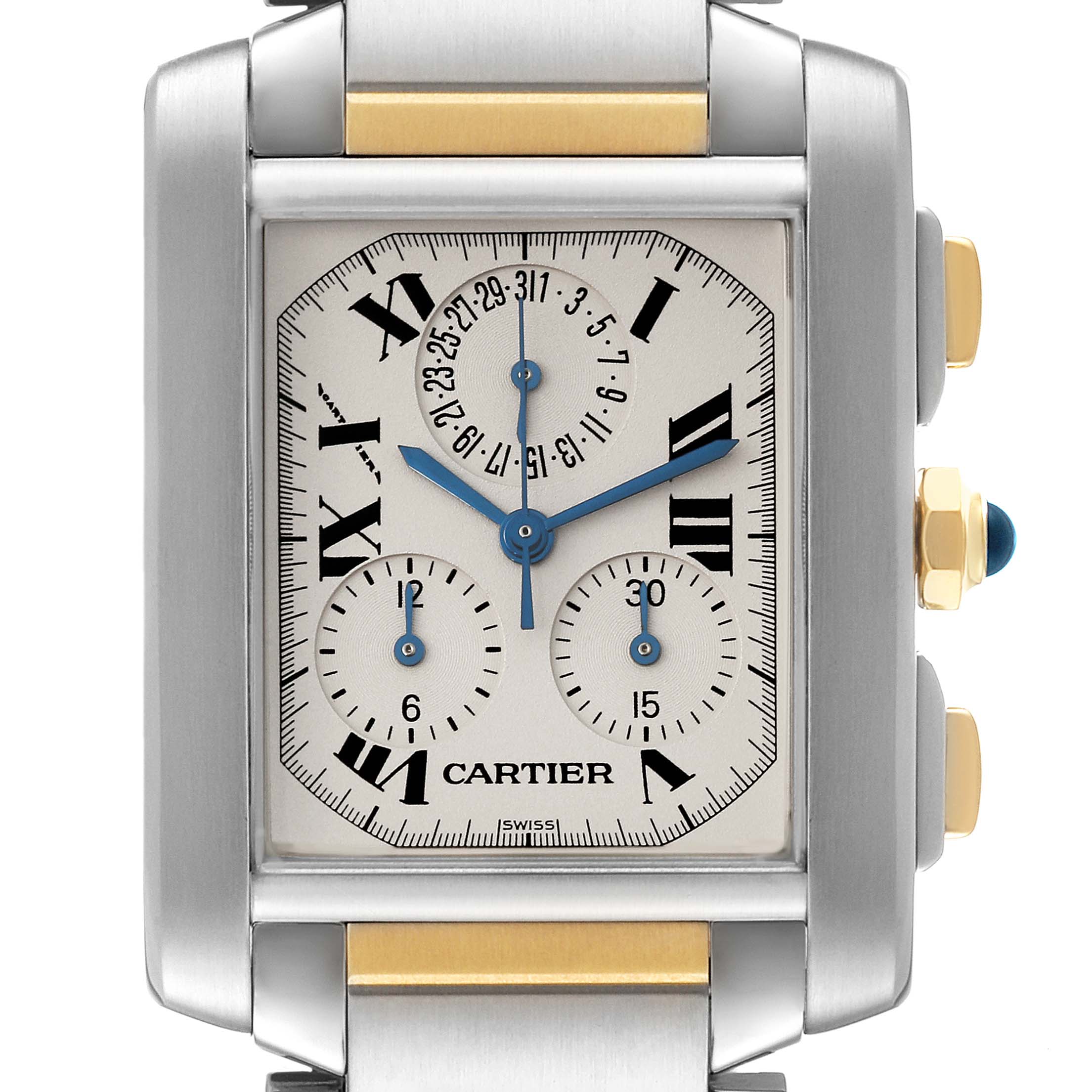 This image shows a close-up front view of the Cartier Tank Francaise W51004Q4 Men's Stainless Steel Silver Dial W51004Q4 Men's Stainless Steel Silver Dial watch face and part of the bracelet.