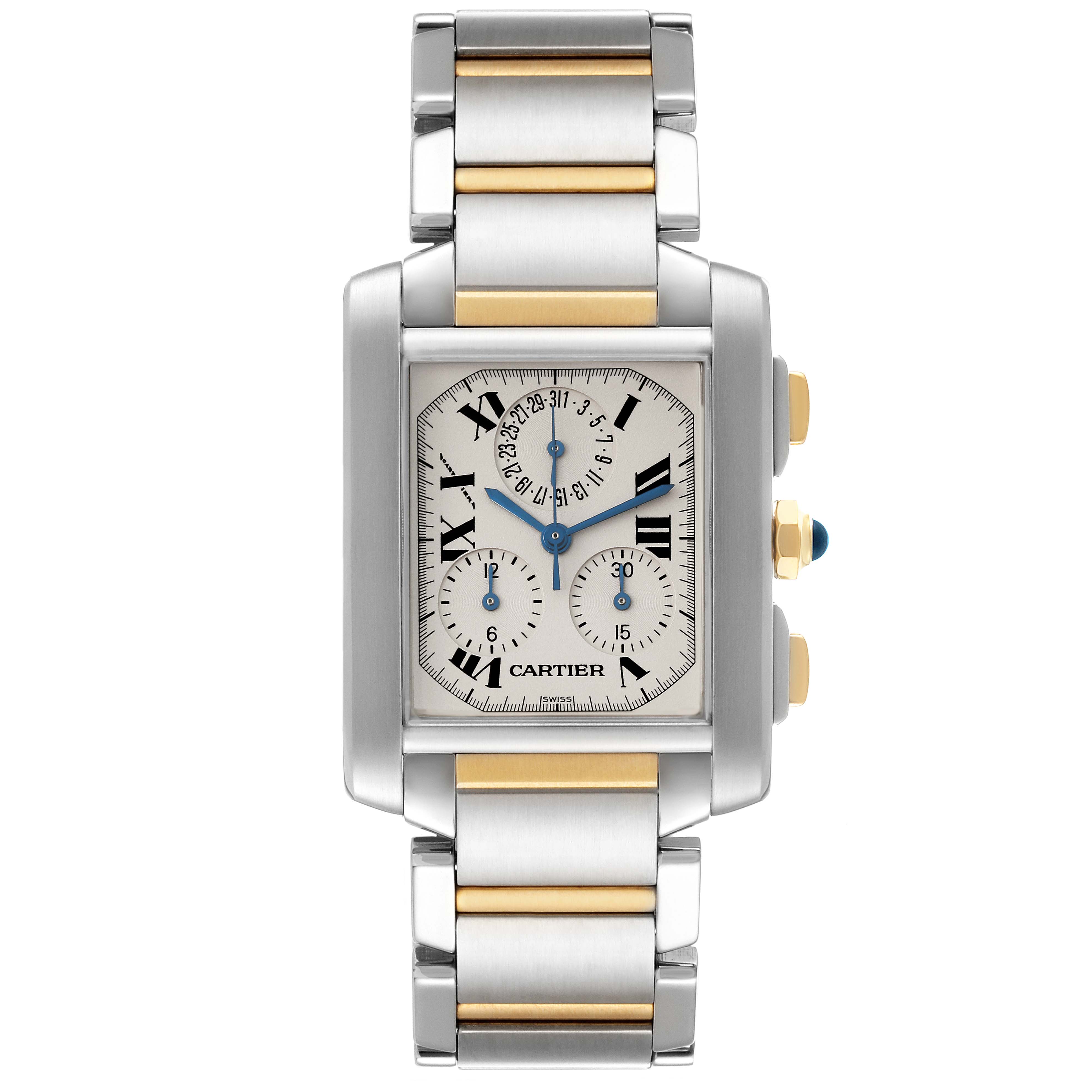 The image shows a front view of the Cartier Tank Francaise W51004Q4 Men's Stainless Steel Silver Dial W51004Q4 Men's Stainless Steel Silver Dial watch, highlighting its rectangular case and two-tone metal bracelet.