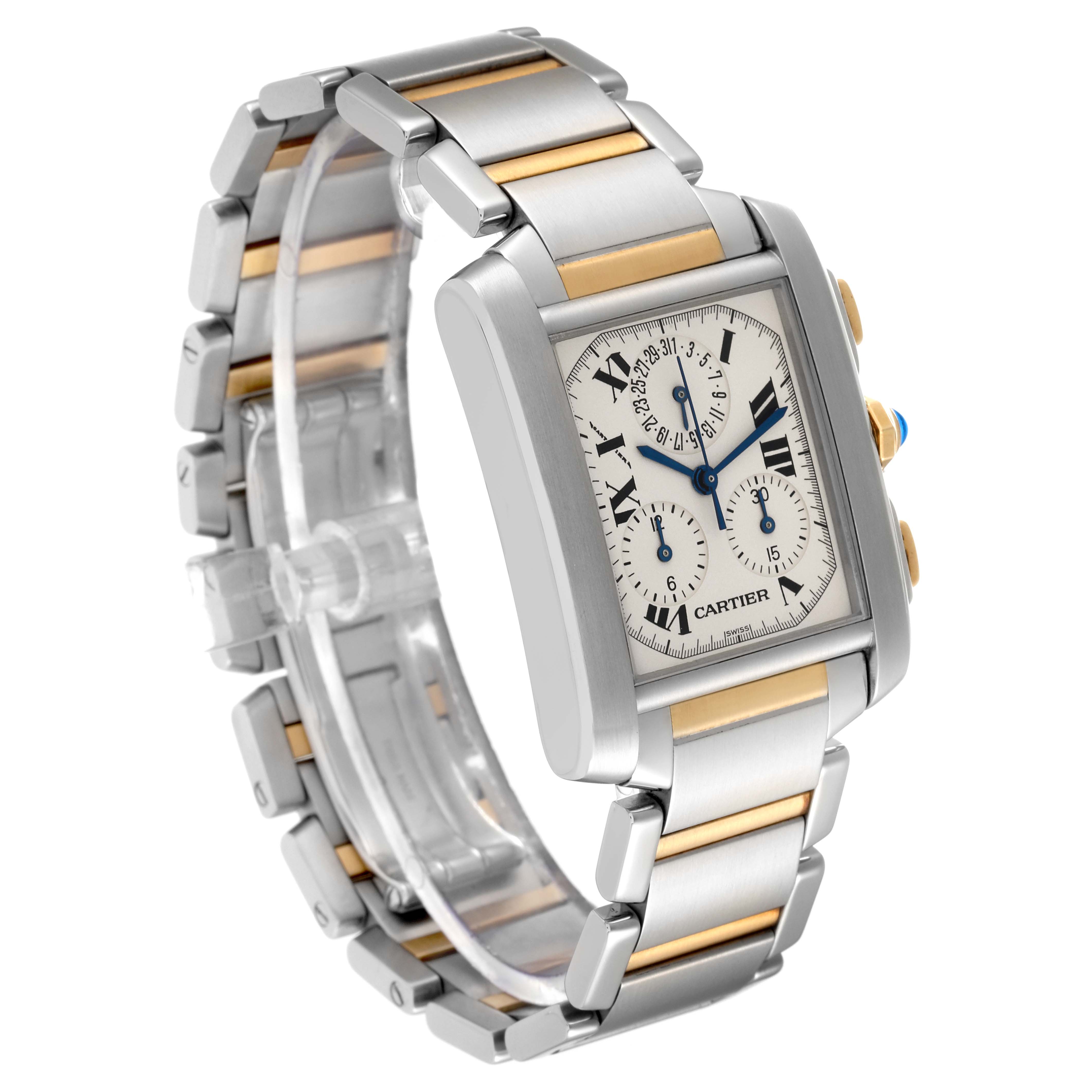 The image shows a Cartier Tank Francaise W51004Q4 Men's Stainless Steel Silver Dial W51004Q4 Men's Stainless Steel Silver Dial watch at a three-quarter angle, highlighting the dial, case, bezel, and band.
