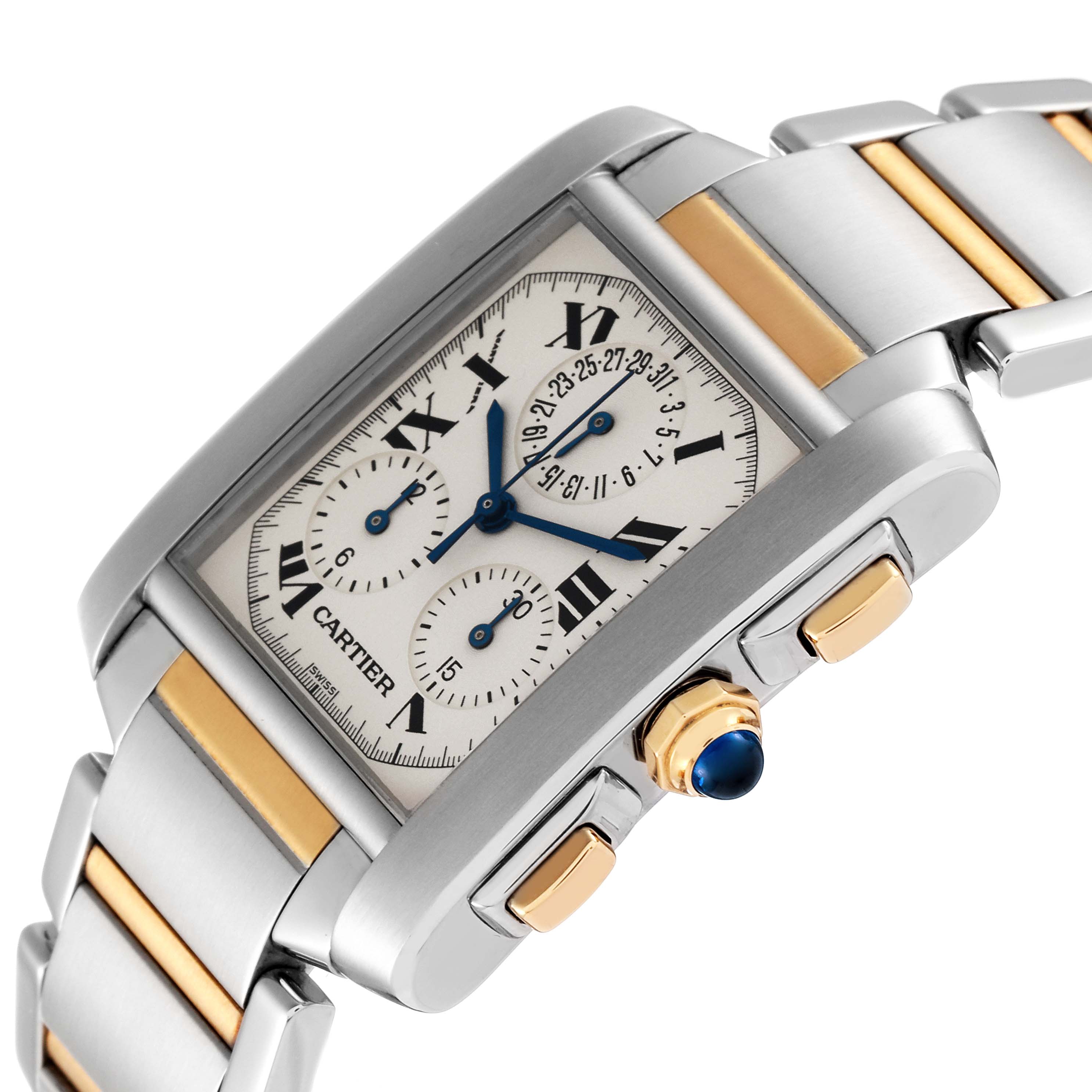 This image shows a close-up angled view of the Cartier Tank Francaise W51004Q4 Men's Stainless Steel Silver Dial W51004Q4 Men's Stainless Steel Silver Dial watch, highlighting its face, crown, and part of the metal bracelet.