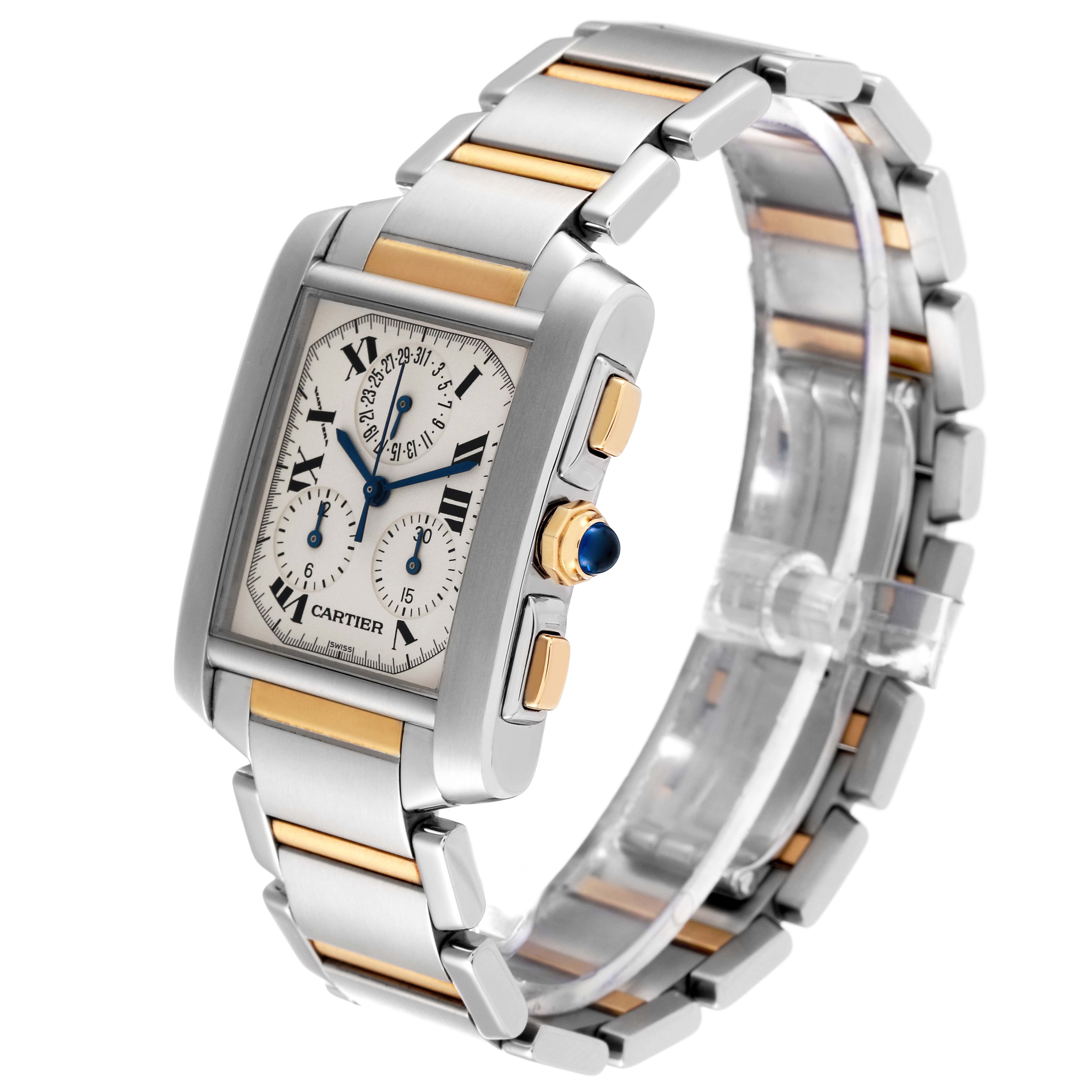 The Cartier Tank Francaise W51004Q4 Men's Stainless Steel Silver Dial W51004Q4 Men's Stainless Steel Silver Dial watch is shown at an angled view, displaying its face, side buttons, and two-tone metal bracelet.