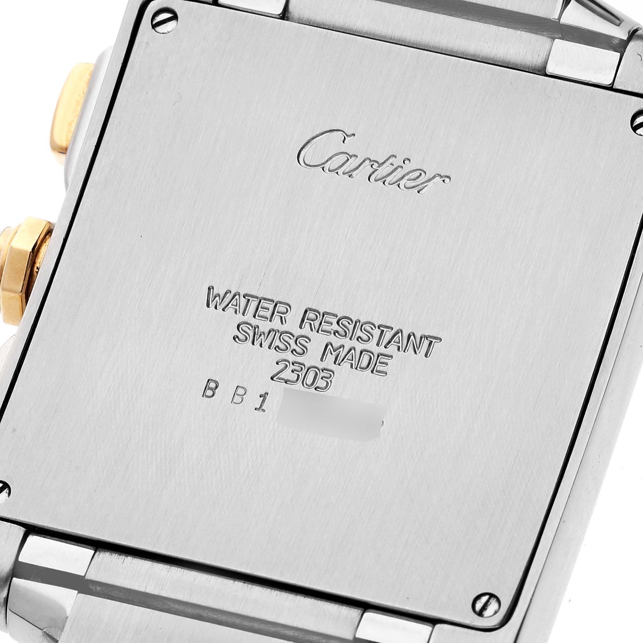 This image shows the back case of a Cartier Tank Française watch, displaying the brand, water resistance, and serial number details.