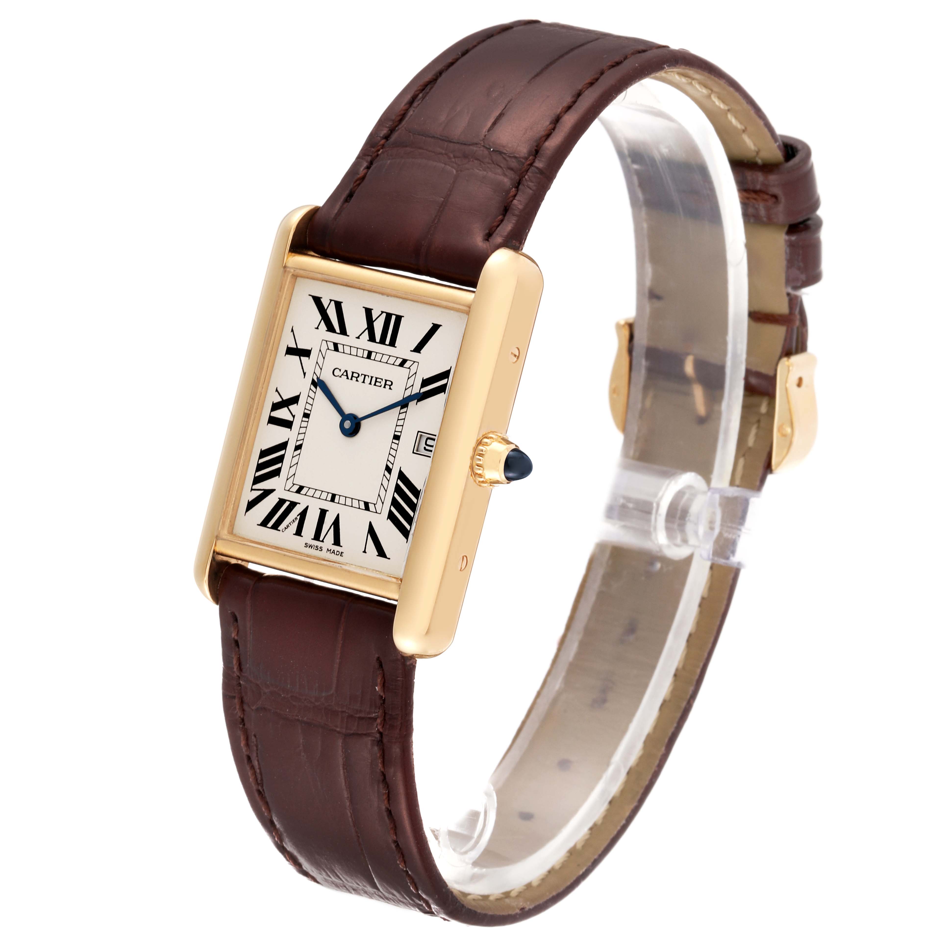 This image shows a side angle of the Cartier Tank Louis W1529756 Men
s Yellow Gold Silver Dial W1529756 Men
s Yellow Gold Silver Dial watch, displaying its rectangular face, brown leather strap, and gold casing.