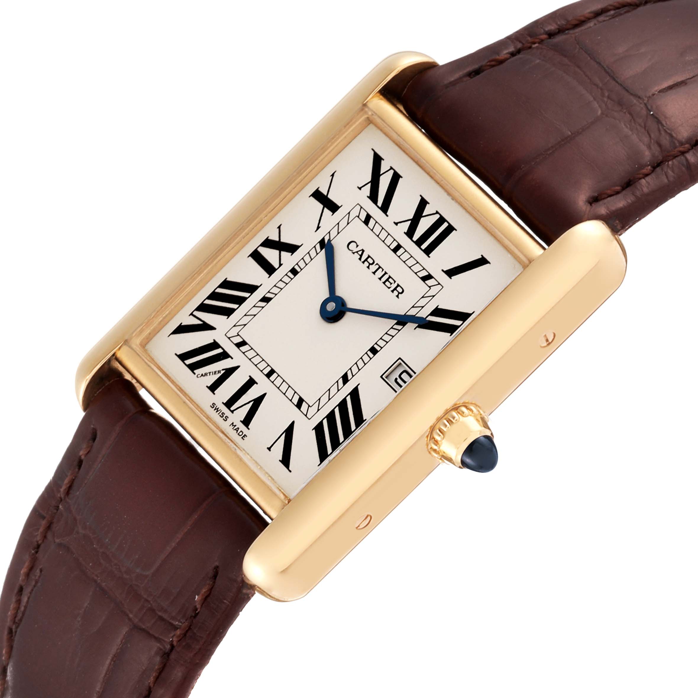 The image shows a close-up angled view of a Cartier Tank Louis W1529756 Men
s Yellow Gold Silver Dial W1529756 Men
s Yellow Gold Silver Dial watch, highlighting its rectangular face and brown leather strap.