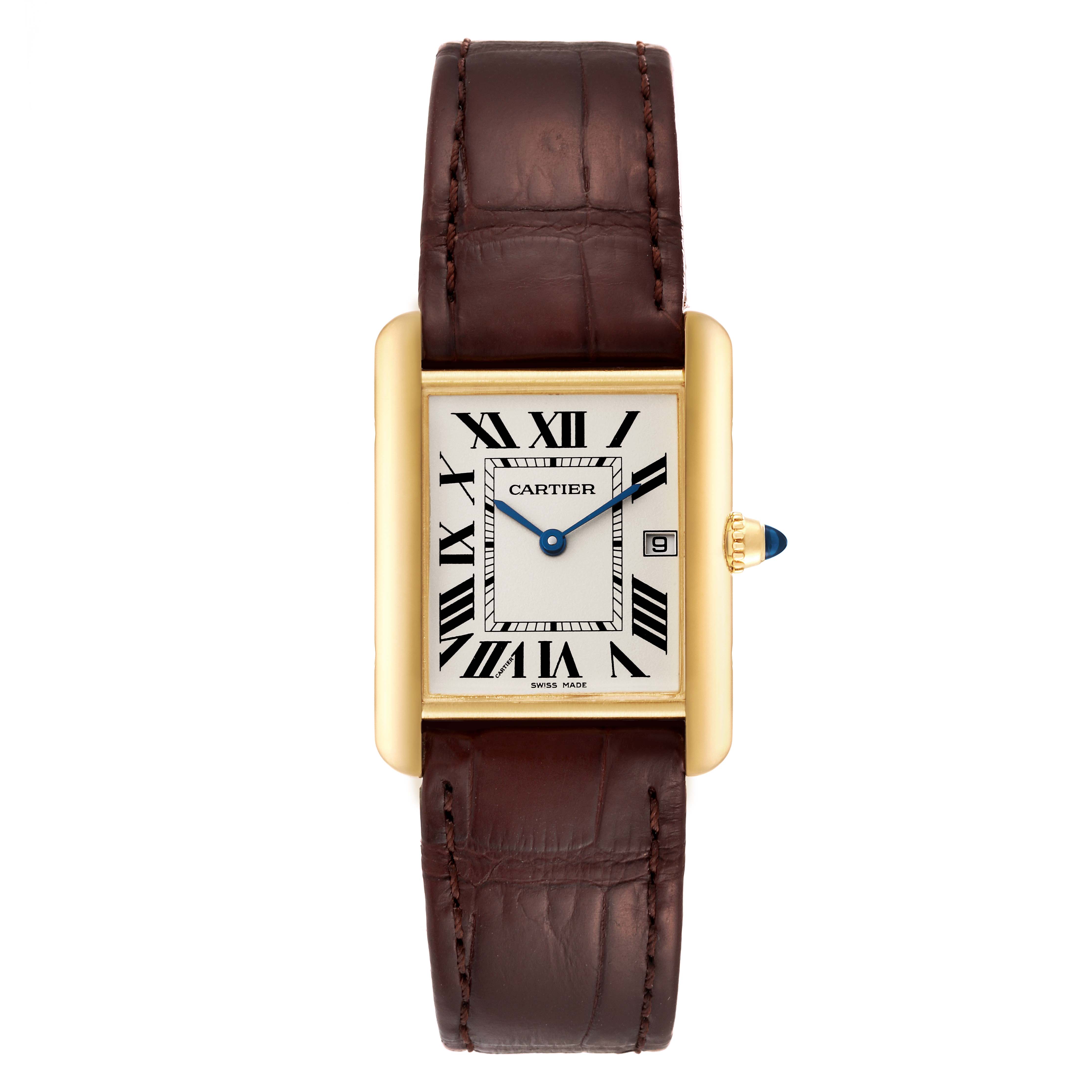 The image shows a front view of a Cartier Tank Louis W1529756 Men
s Yellow Gold Silver Dial W1529756 Men
s Yellow Gold Silver Dial watch, highlighting its Roman numeral dial and brown leather strap.