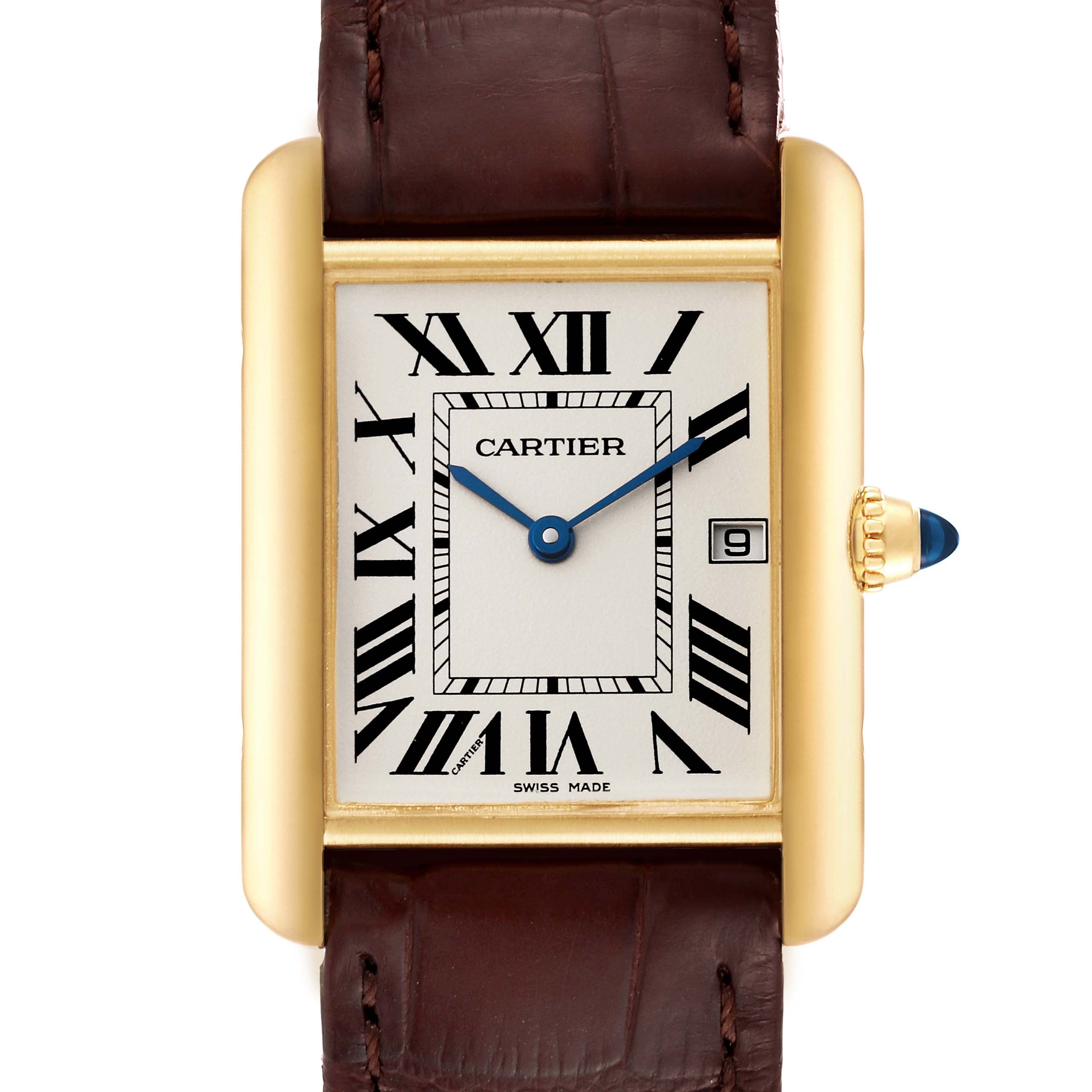 The image shows a front view of a Cartier Tank Louis W1529756 Men
s Yellow Gold Silver Dial W1529756 Men
s Yellow Gold Silver Dial watch, displaying its face, bezel, and part of the strap.