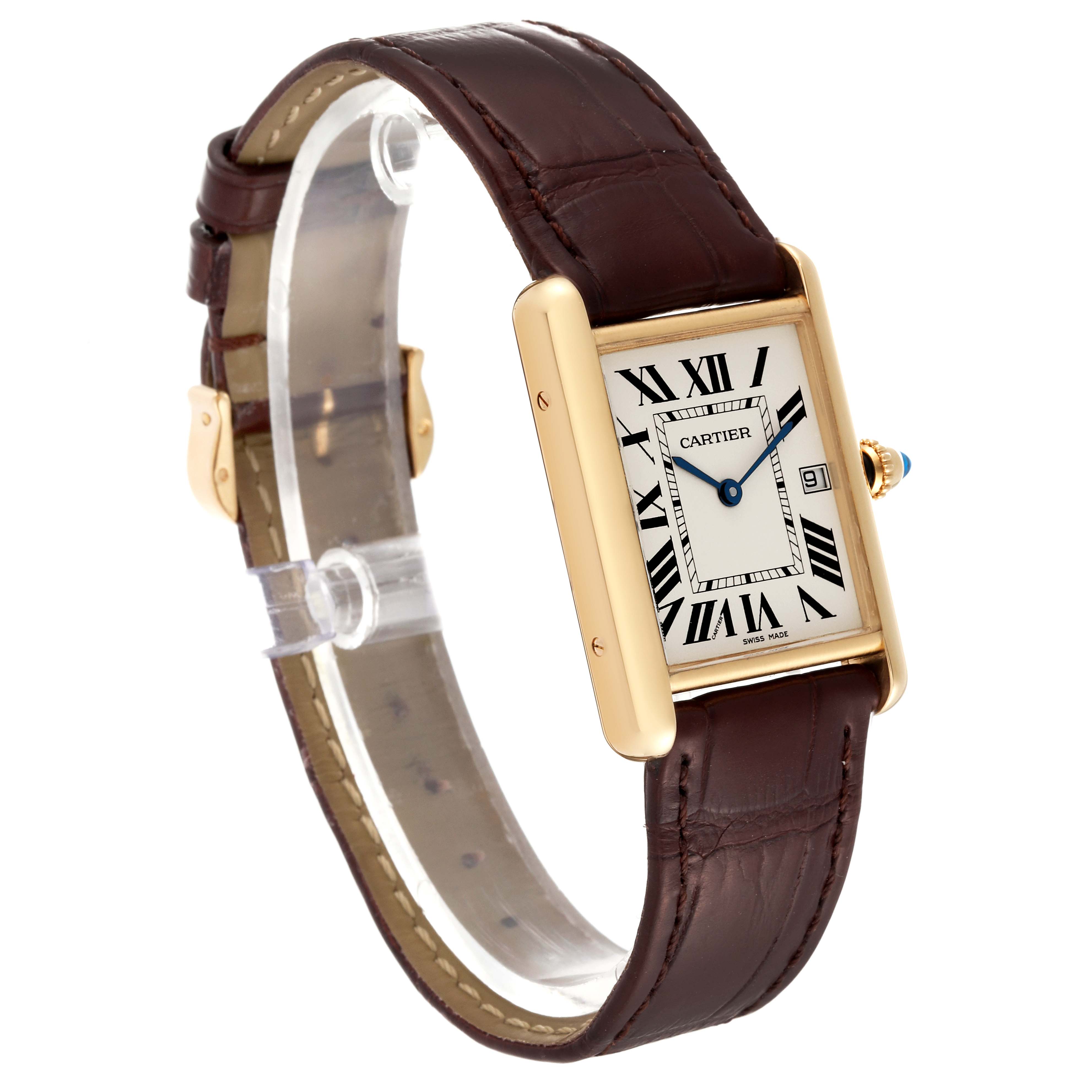 The image shows a Tank Louis model watch by Cartier at an angled side view, highlighting its rectangular face and leather strap.