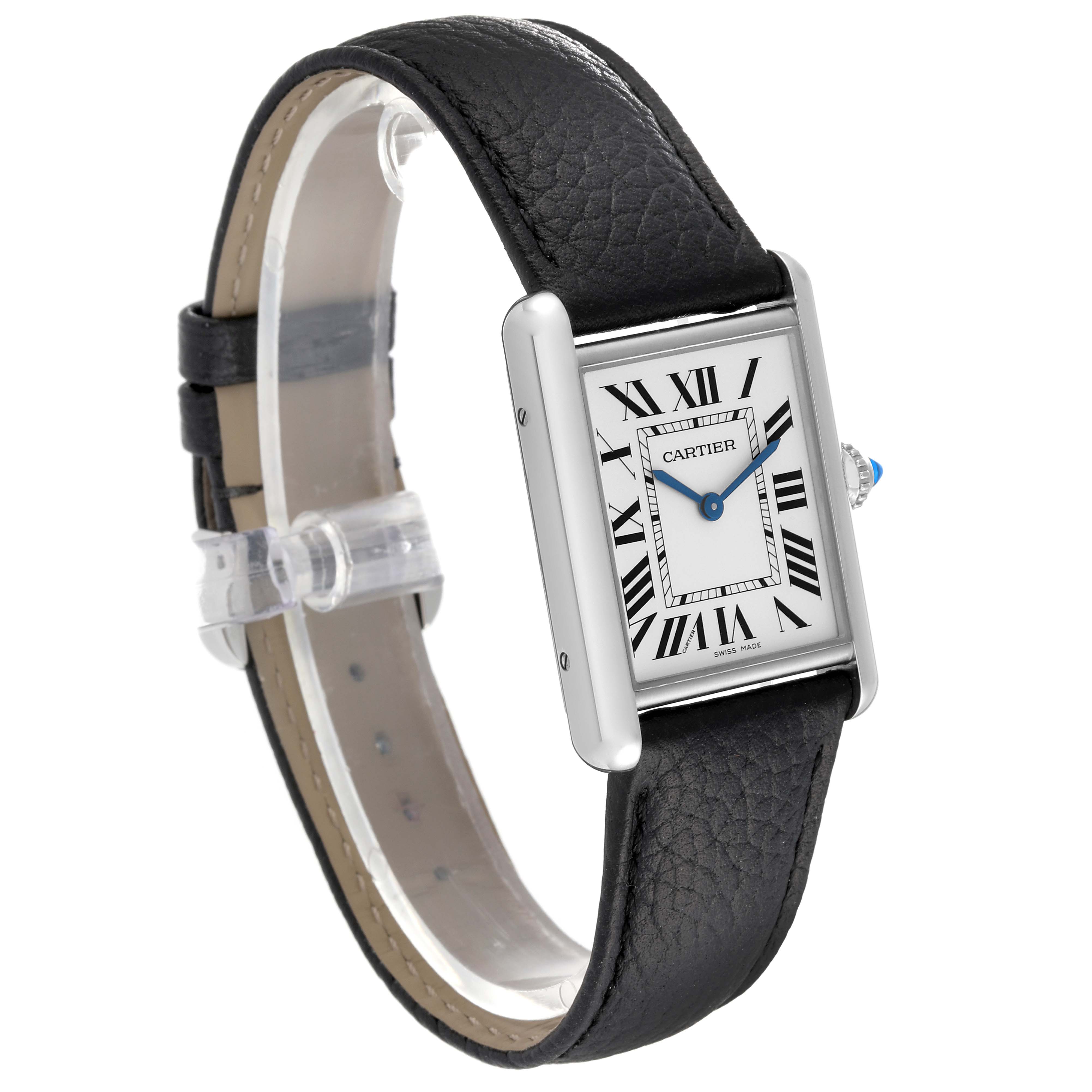 The image shows a Cartier Tank Must WSTA0041 Women's Stainless Steel Silver Dial WSTA0041 Women's Stainless Steel Silver Dial watch at a three-quarter angle, displaying the face, bezel, crown, and part of the leather strap.