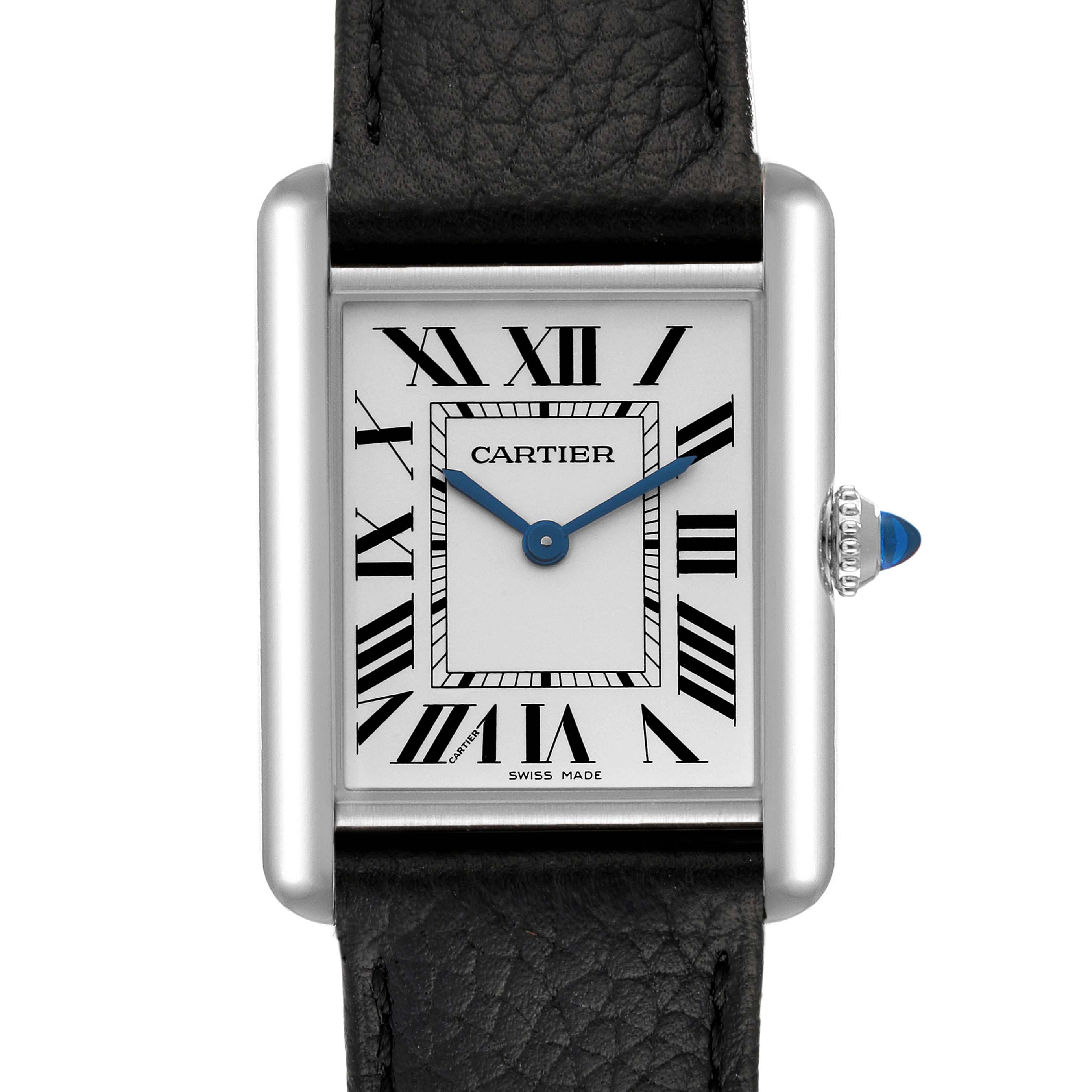 The image shows a front view of the Cartier Tank Must WSTA0041 Women's Stainless Steel Silver Dial WSTA0041 Women's Stainless Steel Silver Dial watch, highlighting the face, Roman numerals, and black leather strap.
