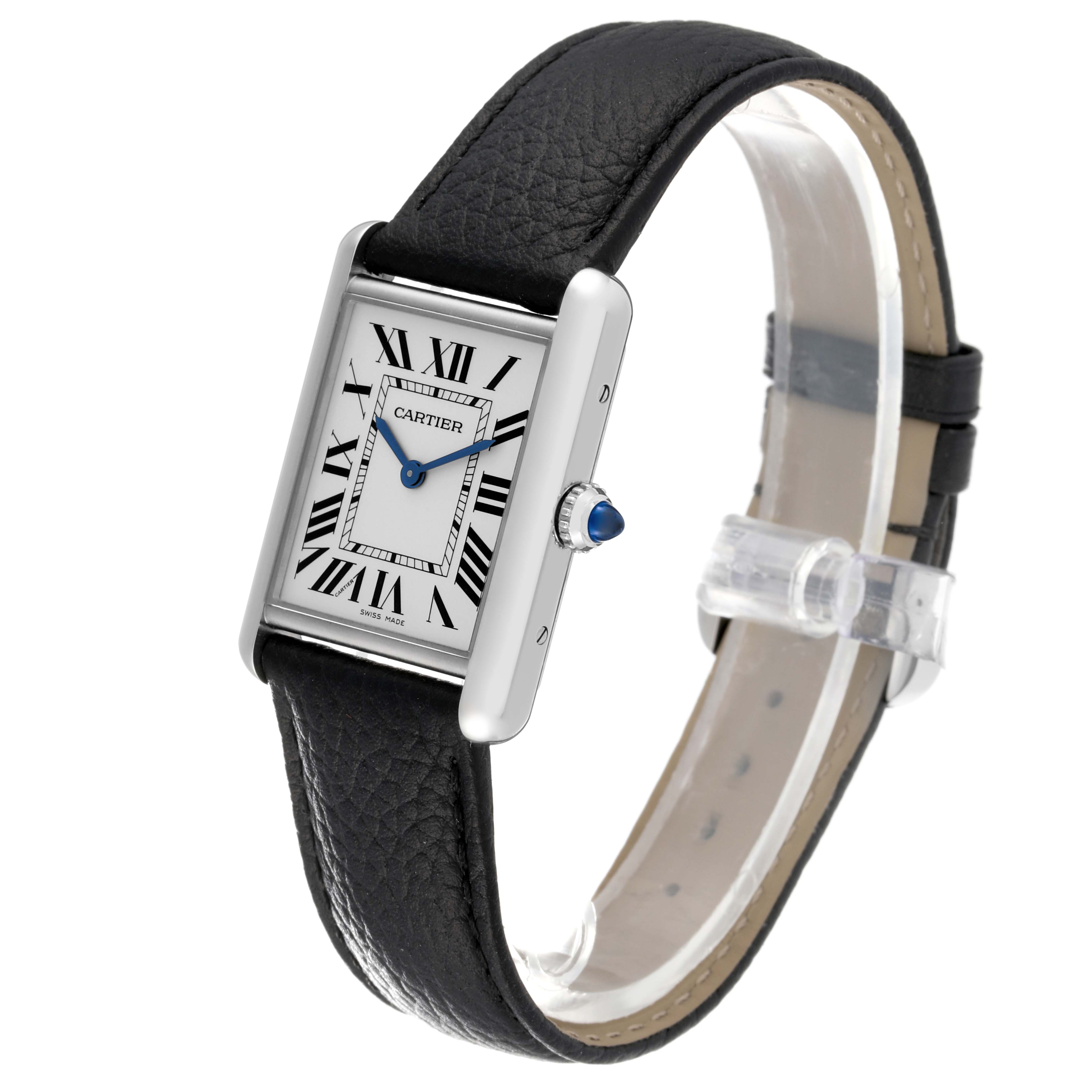 The Cartier Tank Must WSTA0041 Women's Stainless Steel Silver Dial WSTA0041 Women's Stainless Steel Silver Dial watch is shown in a side angle displaying its rectangular dial, black leather strap, and blue cabochon crown.