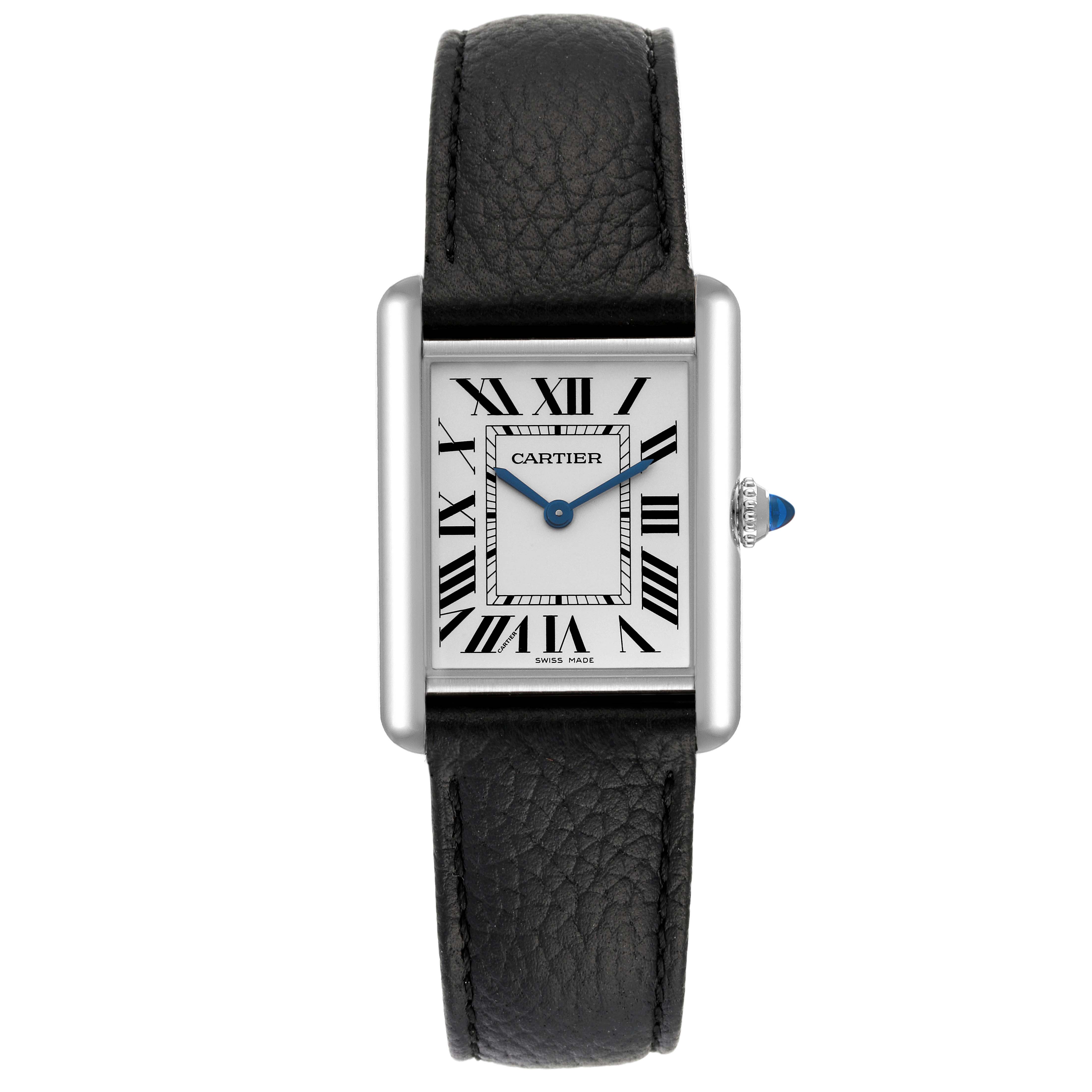 This image shows a front view of the Cartier Tank Must WSTA0041 Women's Stainless Steel Silver Dial WSTA0041 Women's Stainless Steel Silver Dial watch, highlighting its rectangular face and black leather strap.