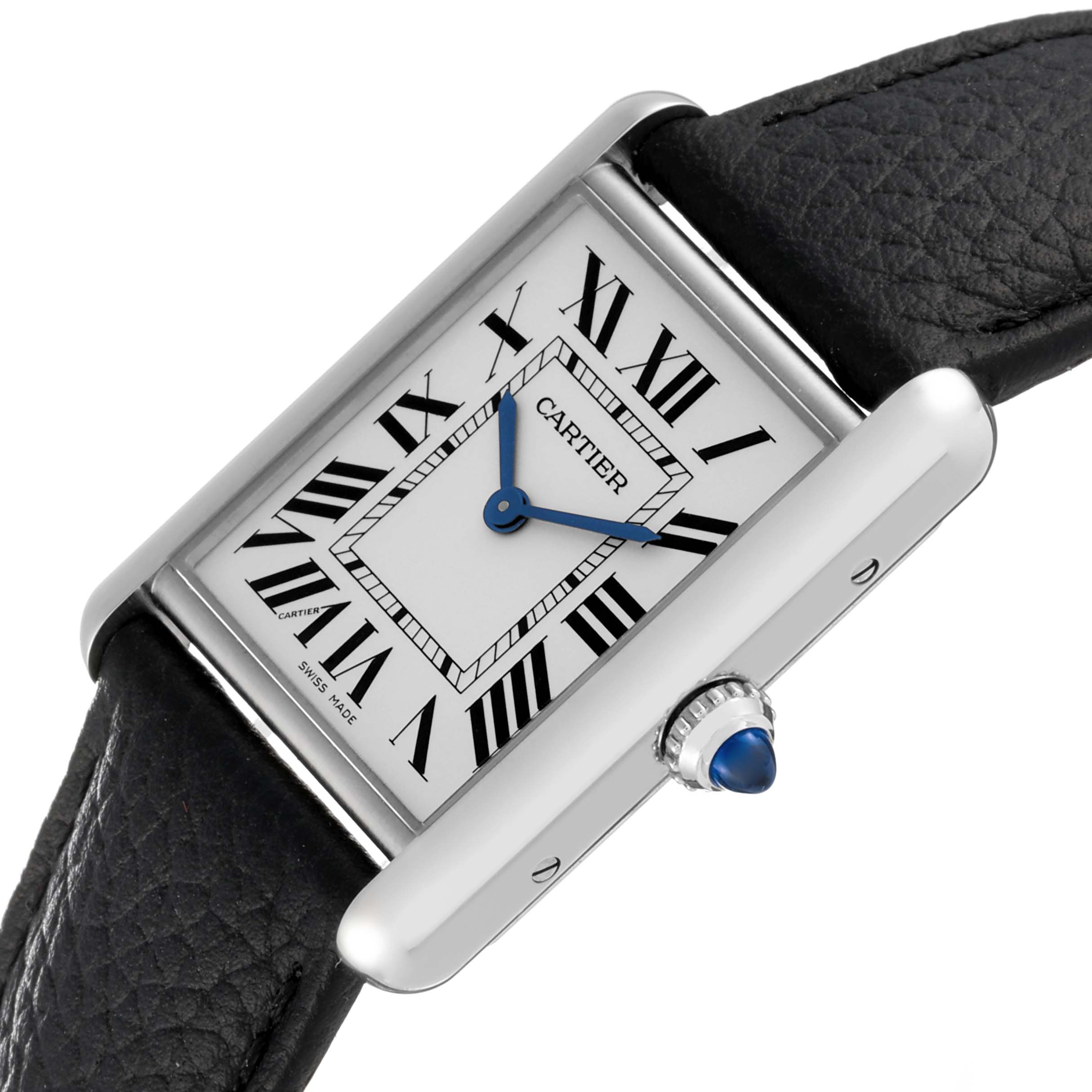 The image shows a Cartier Tank Must WSTA0041 Women's Stainless Steel Silver Dial WSTA0041 Women's Stainless Steel Silver Dial watch at an angle featuring its face, Roman numerals, blue hands, and a leather strap.