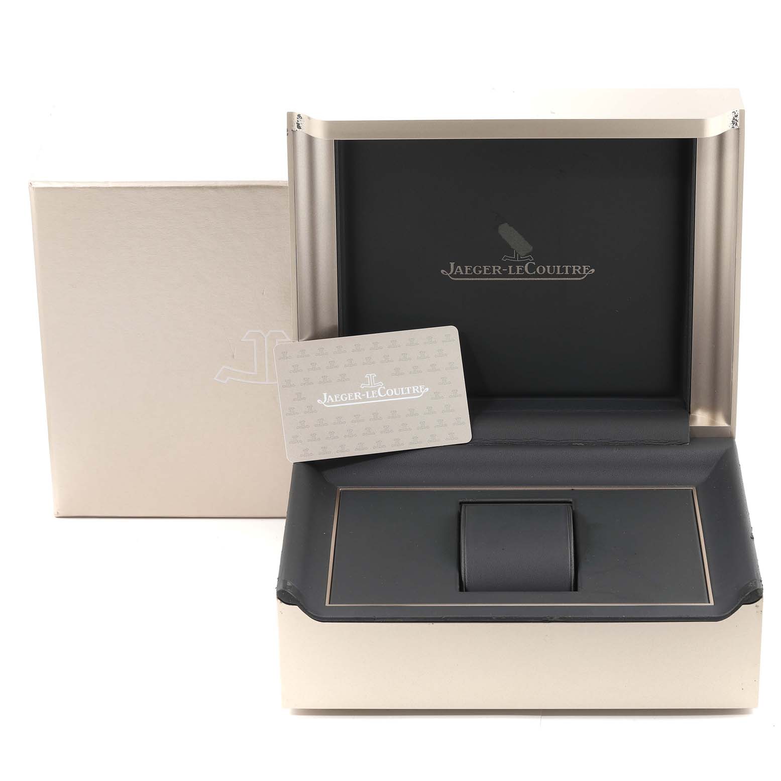 The image shows the packaging and a warranty card for a Jaeger LeCoultre Master Q9028480 Men's Stainless Steel Blue Dial Q9028480 Men's Stainless Steel Blue Dial model watch.