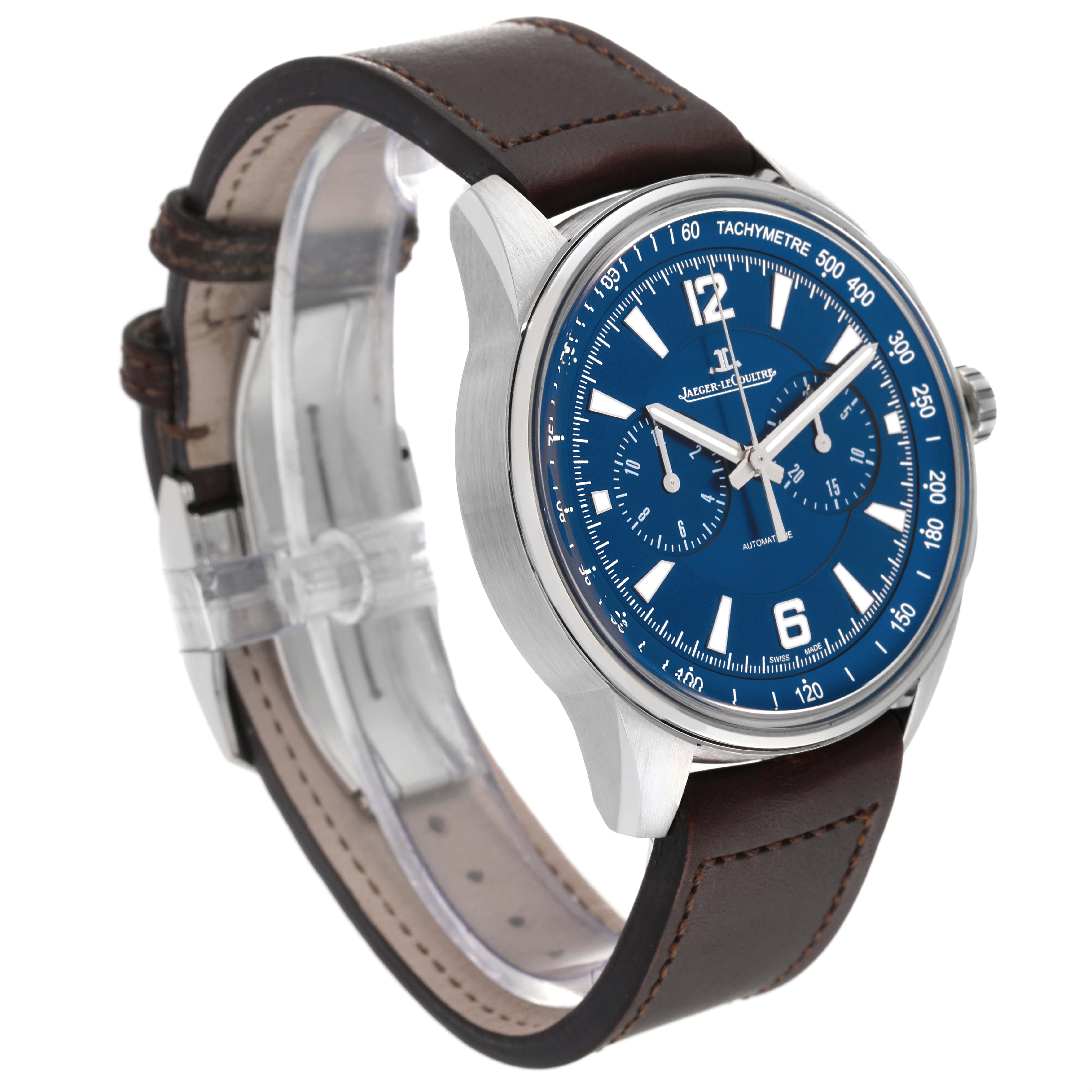 The image shows a Jaeger-LeCoultre Master model watch from a left-side angle, featuring a blue dial and brown leather strap.