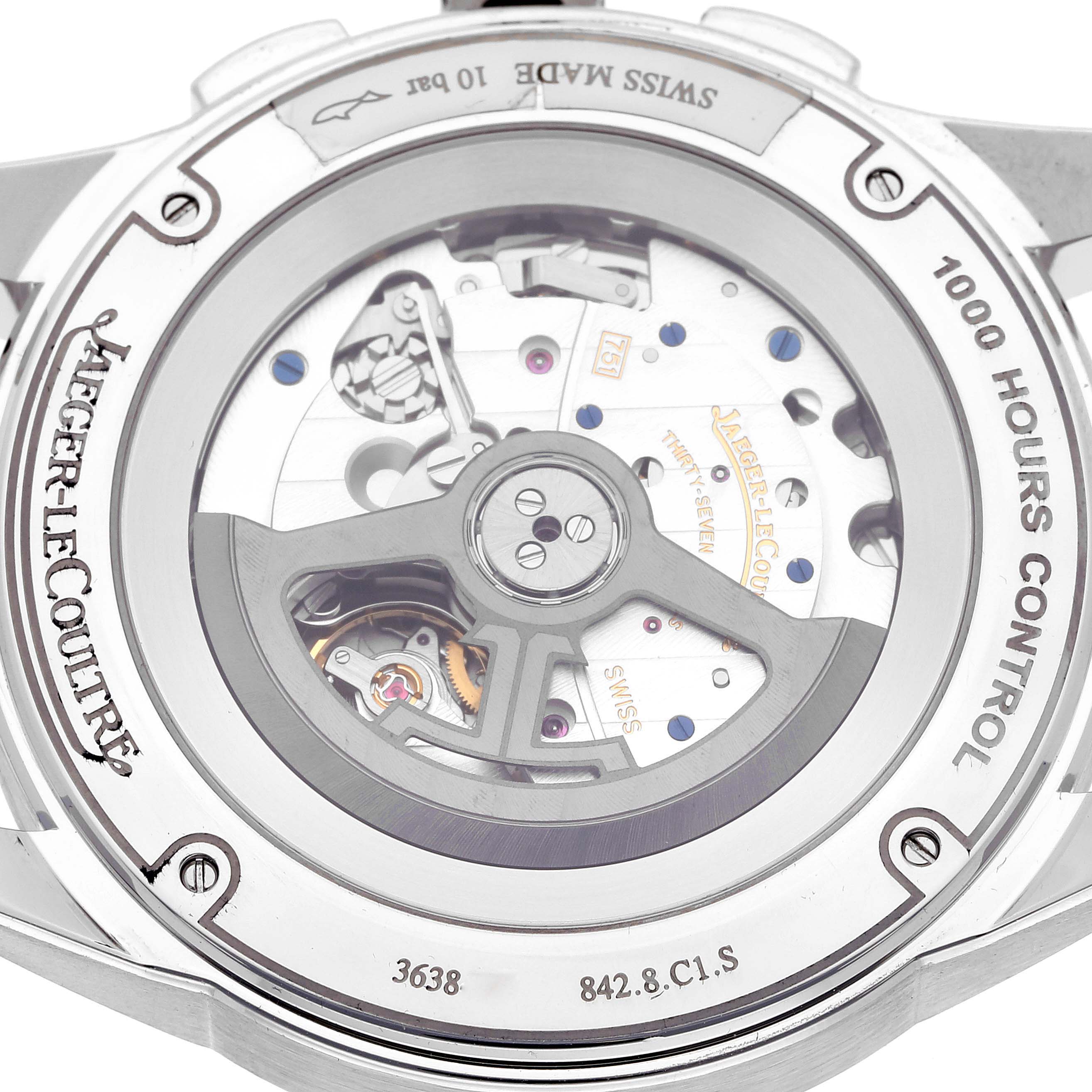 The image shows the back view of the Jaeger-LeCoultre Master model watch, highlighting its intricate movement and "1000 HOURS CONTROL" engraving.