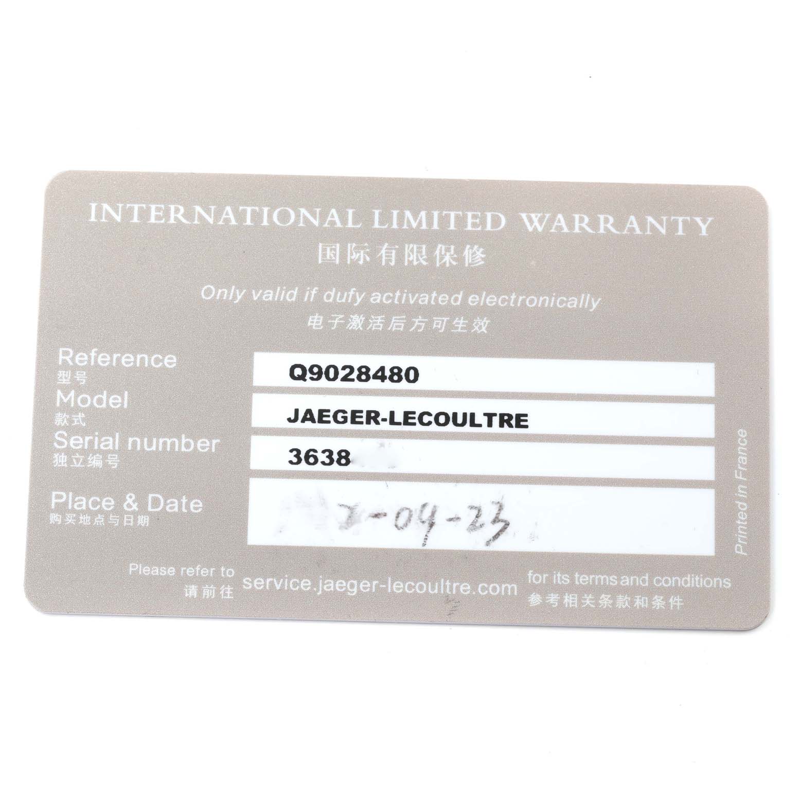 This is an image of a Jaeger LeCoultre Master Q9028480 Men's Stainless Steel Blue Dial Q9028480 Men's Stainless Steel Blue Dial model's warranty card, showing model, serial number, and warranty information.