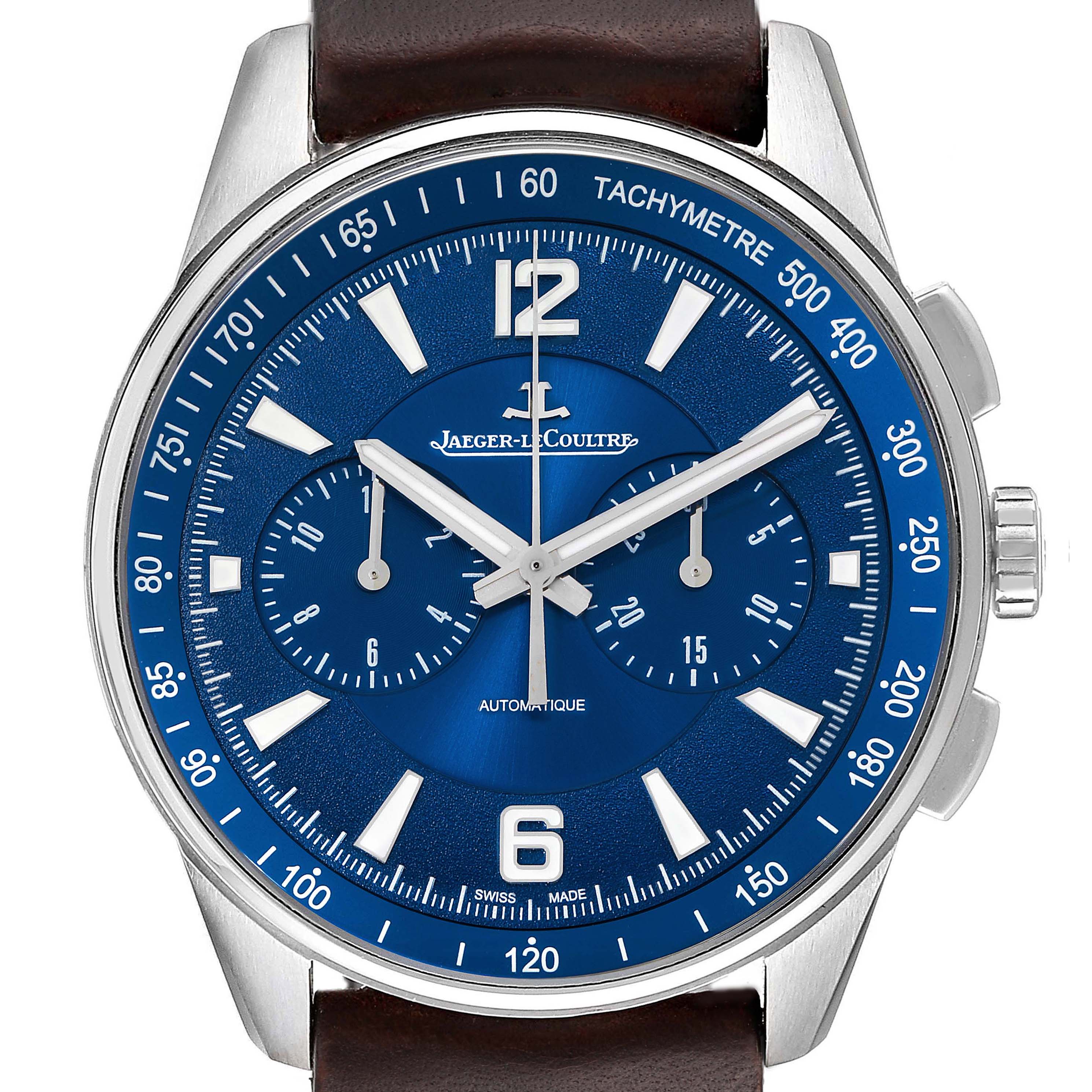 This image shows the front view of a Jaeger LeCoultre Master Q9028480 Men's Stainless Steel Blue Dial Q9028480 Men's Stainless Steel Blue Dial model watch with a blue dial and brown leather strap.