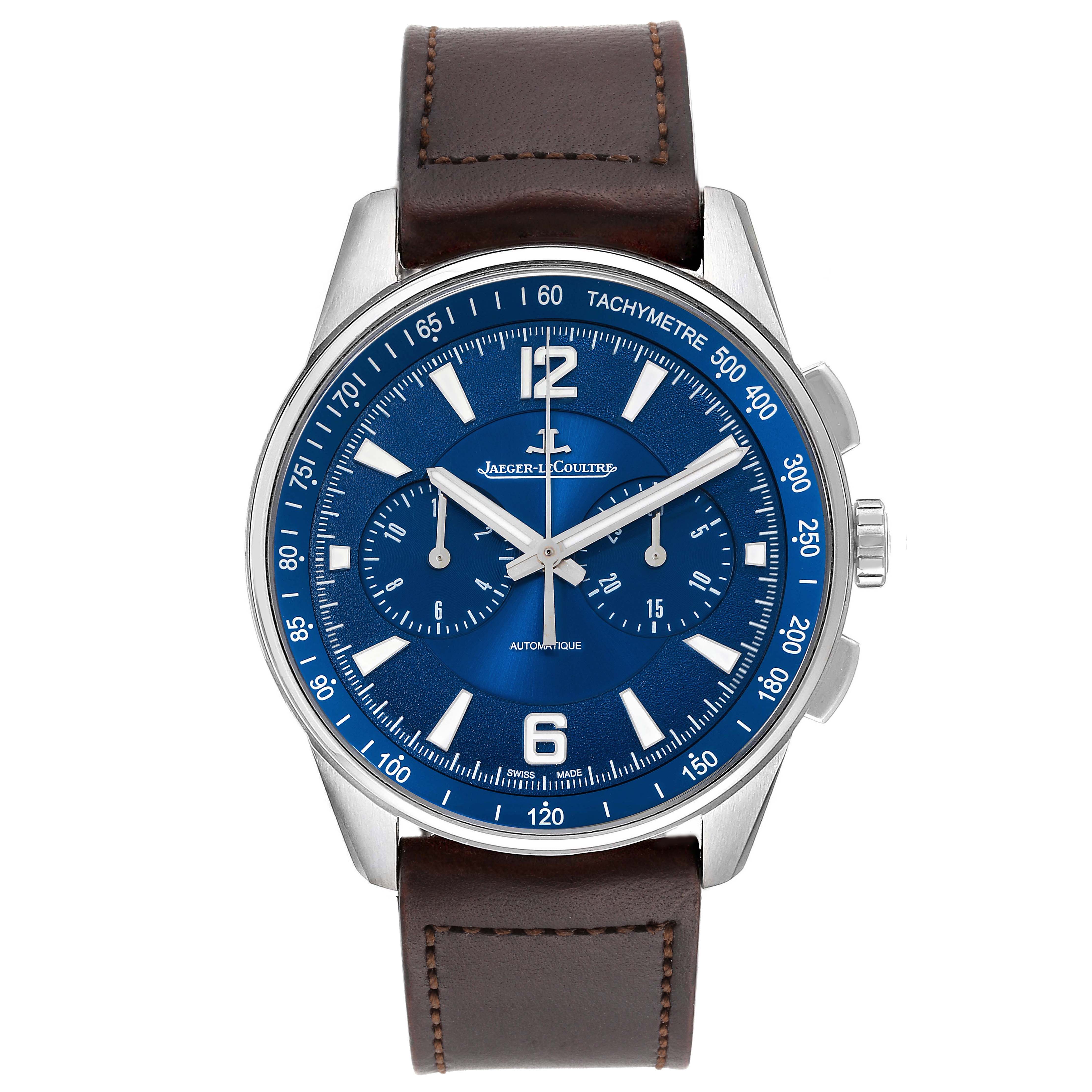 This image shows a front view of the Jaeger LeCoultre Master Q9028480 Men's Stainless Steel Blue Dial Q9028480 Men's Stainless Steel Blue Dial model watch, featuring a blue dial and a brown leather strap.
