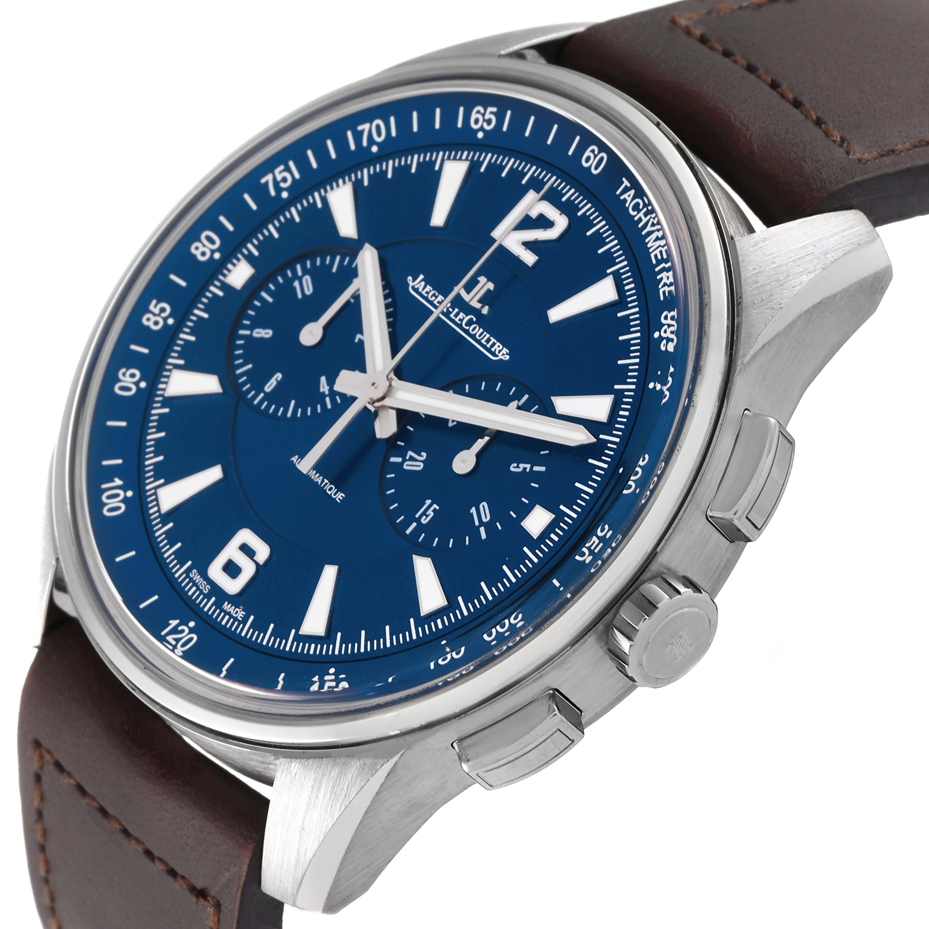 This image shows a side angle of the Jaeger LeCoultre Master Q9028480 Men's Stainless Steel Blue Dial Q9028480 Men's Stainless Steel Blue Dial model, highlighting the crown, pushers, case, and leather strap.