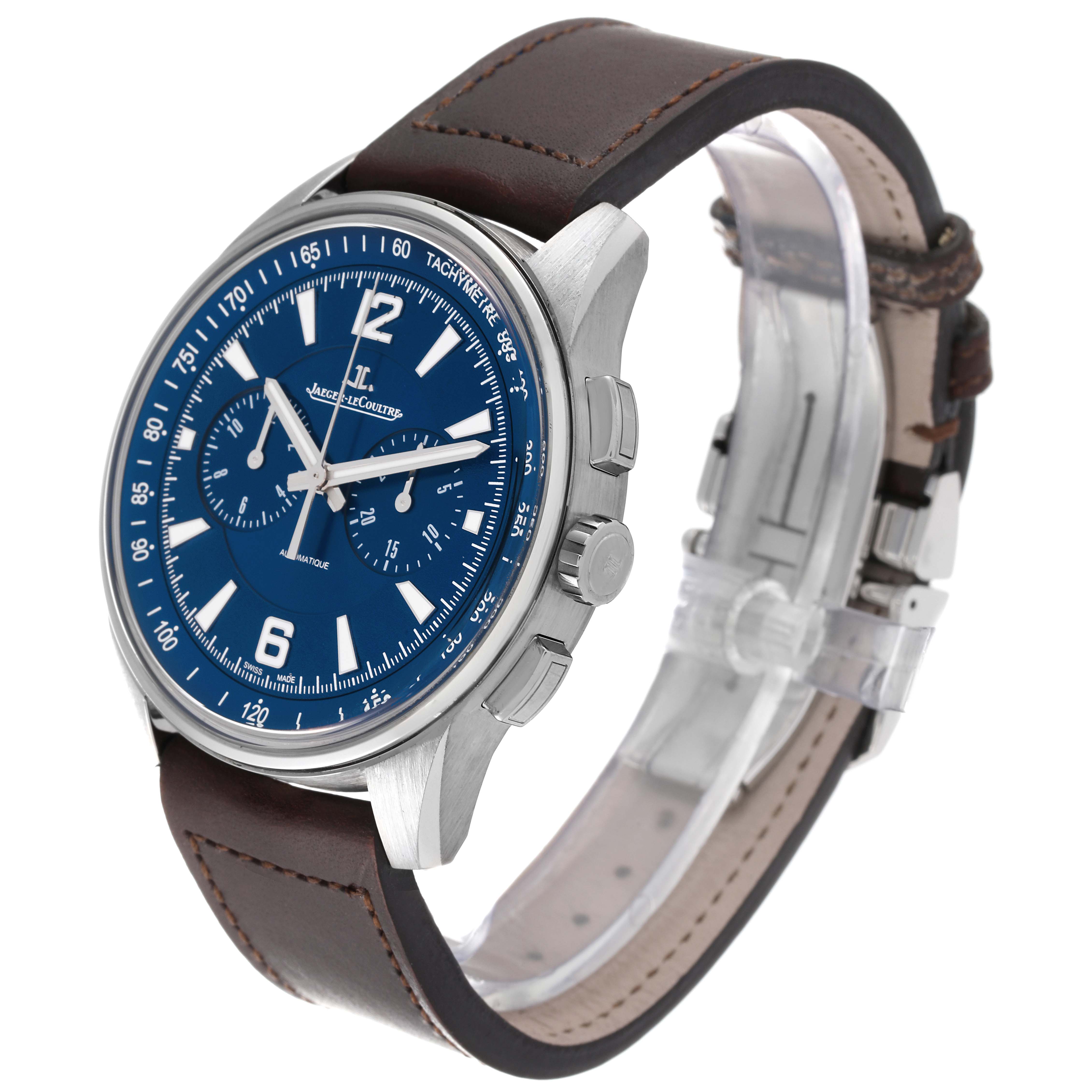 The image shows a partial side view of the Jaeger LeCoultre Master Q9028480 Men's Stainless Steel Blue Dial Q9028480 Men's Stainless Steel Blue Dial model watch, highlighting its blue dial and brown leather strap.