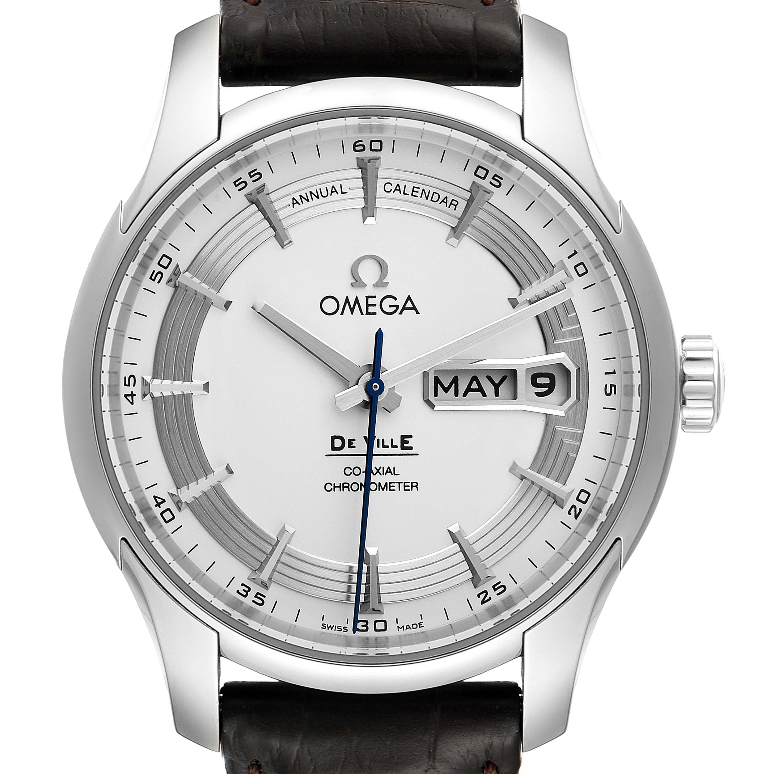 This image shows a front view of the Omega De Ville 431.33.41.22.02.001 Men's Stainless Steel Silver Dial 431.33.41.22.02.001 Men's Stainless Steel Silver Dial watch, displaying the dial, hands, date window, and part of the leather strap.