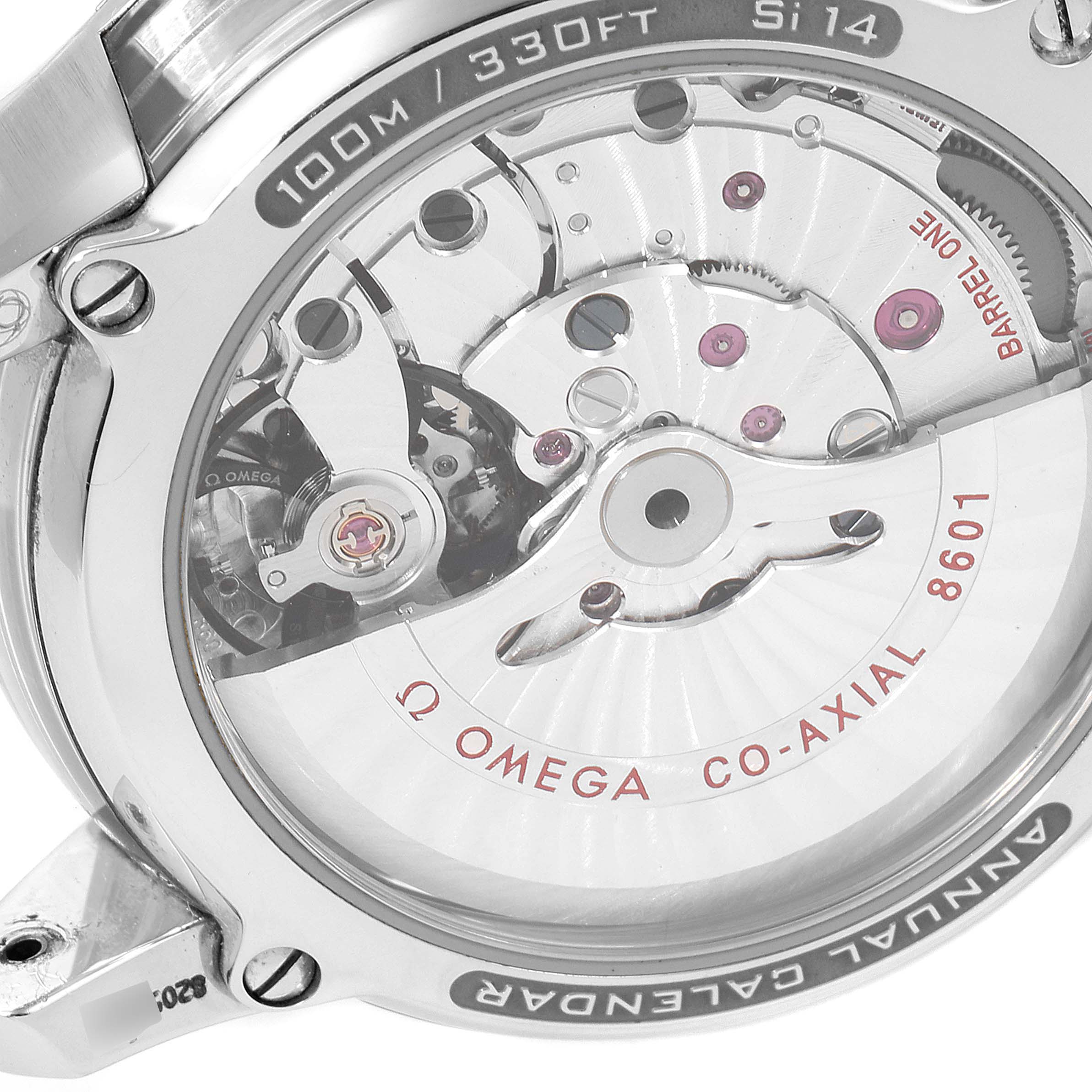 This is a close-up view of the back of an Omega De Ville 431.33.41.22.02.001 Men's Stainless Steel Silver Dial 431.33.41.22.02.001 Men's Stainless Steel Silver Dial watch, showing its mechanical movement and internal components.