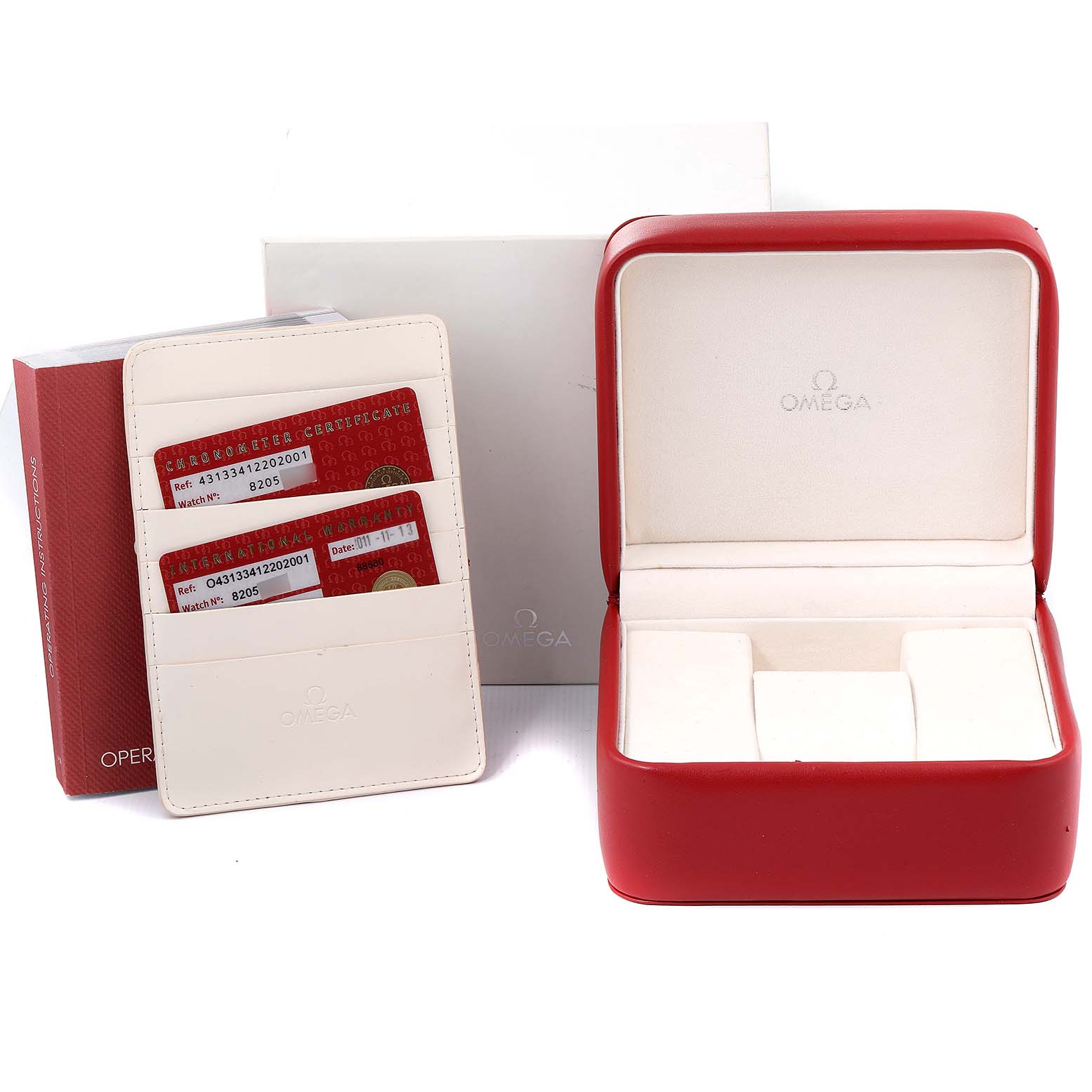 The image shows an Omega De Ville 431.33.41.22.02.001 Men's Stainless Steel Silver Dial 431.33.41.22.02.001 Men's Stainless Steel Silver Dial watch box, documentation, and warranty cards from a front angle.