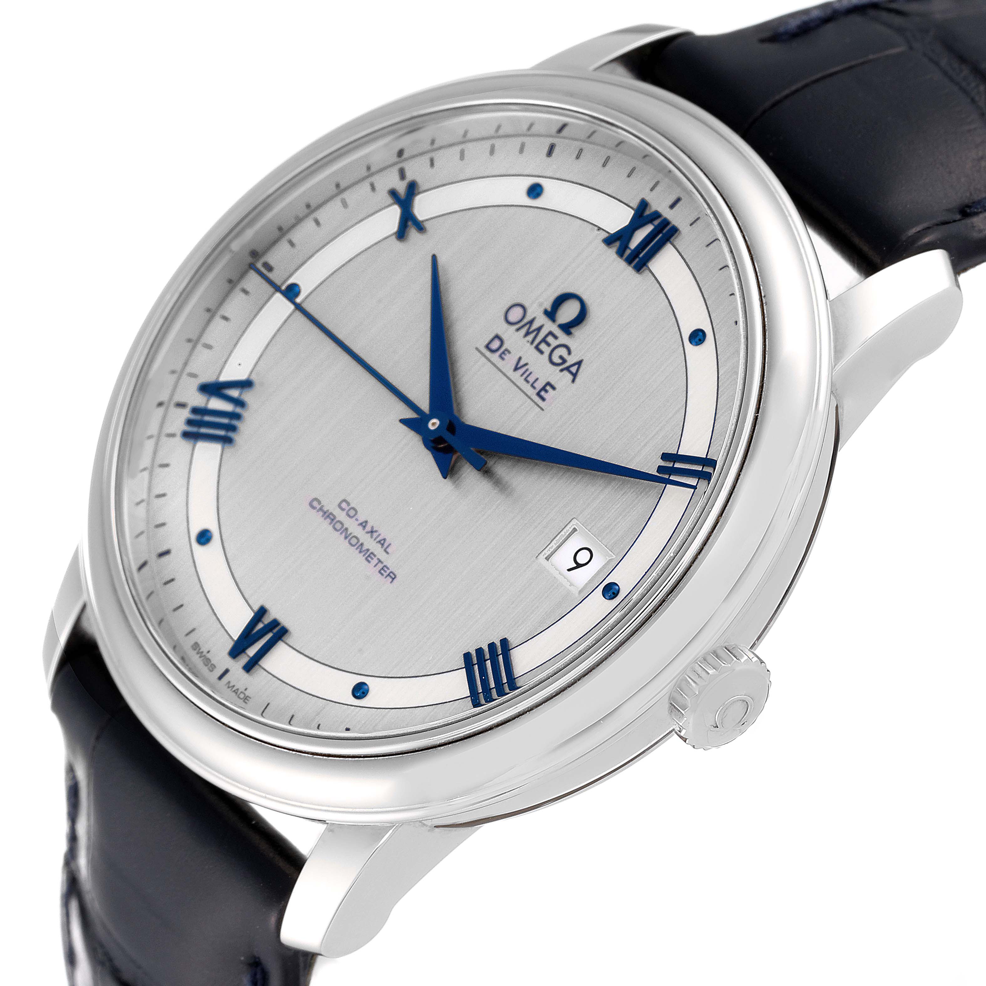 This image shows an Omega De Ville 424.13.40.20.02.003 Men's Stainless Steel Grey Dial 424.13.40.20.02.003 Men's Stainless Steel Grey Dial watch at an oblique angle, highlighting the dial, case, crown, and part of the strap.