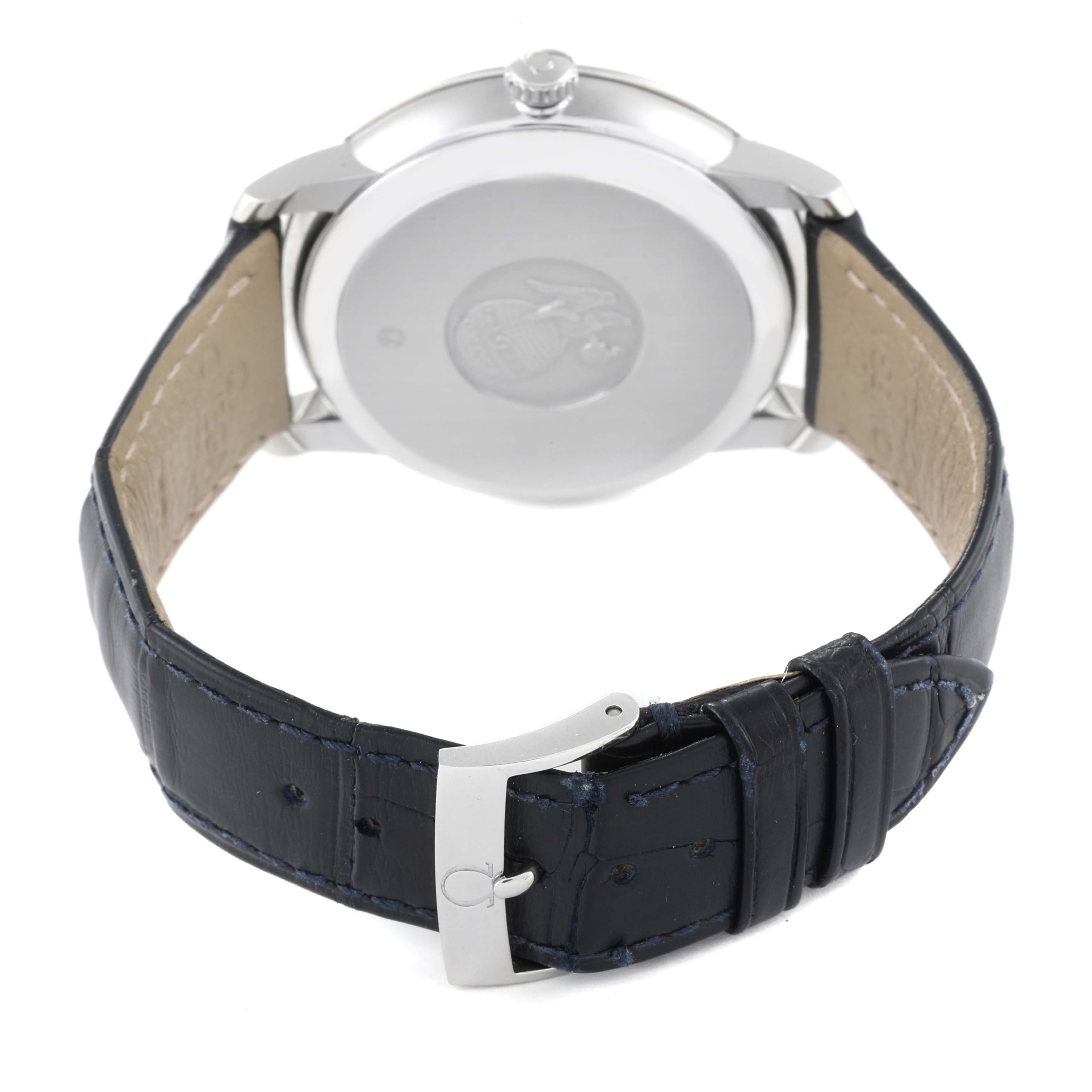 The image shows the back and strap of the Omega De Ville 424.13.40.20.02.003 Men's Stainless Steel Grey Dial 424.13.40.20.02.003 Men's Stainless Steel Grey Dial watch viewed from a rear angle.