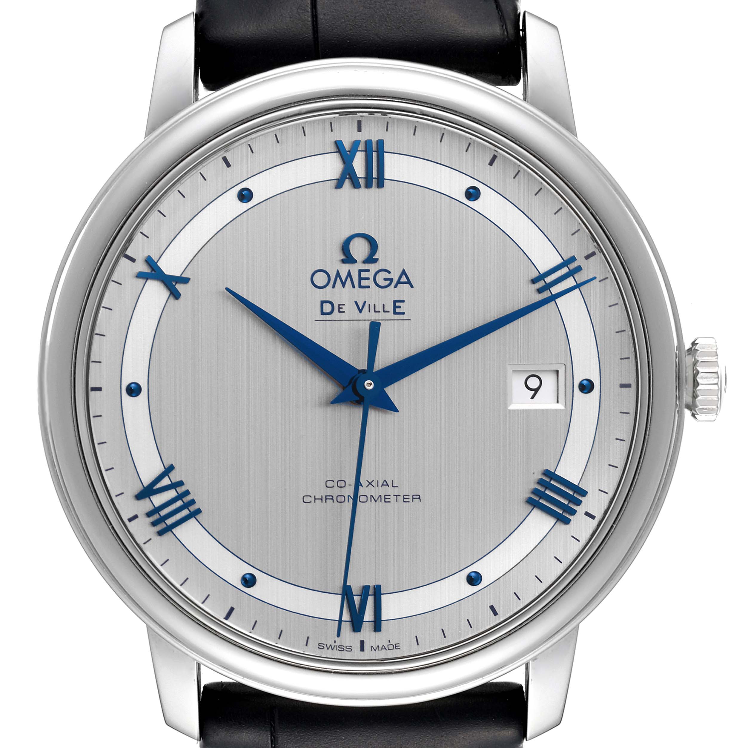 The image shows a front view of the Omega De Ville 424.13.40.20.02.003 Men's Stainless Steel Grey Dial 424.13.40.20.02.003 Men's Stainless Steel Grey Dial watch, highlighting its silver dial, blue hands, date window, and black leather strap.