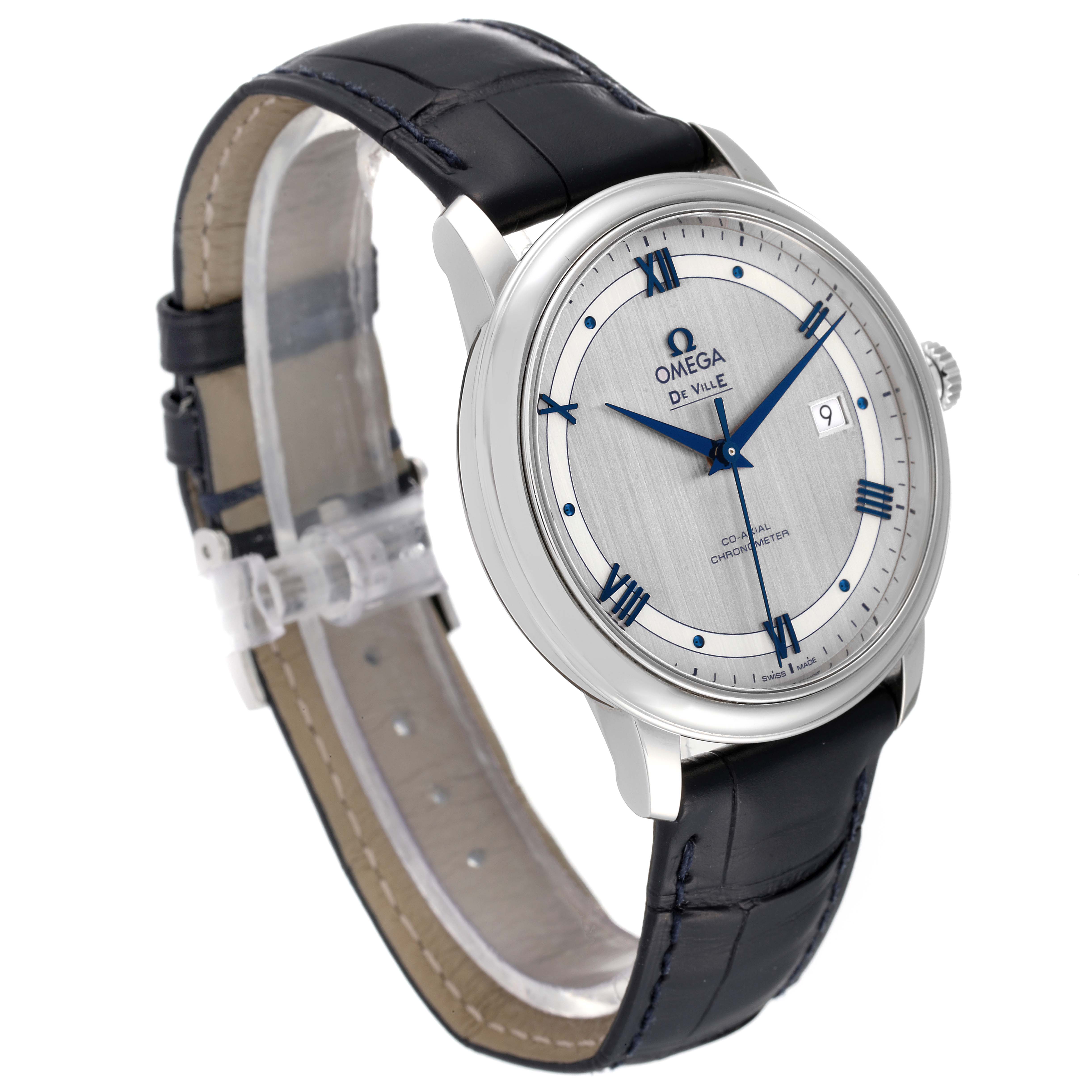 The image shows an angled view of the Omega De Ville 424.13.40.20.02.003 Men's Stainless Steel Grey Dial 424.13.40.20.02.003 Men's Stainless Steel Grey Dial watch, highlighting its dial, bezel, case, and leather strap.