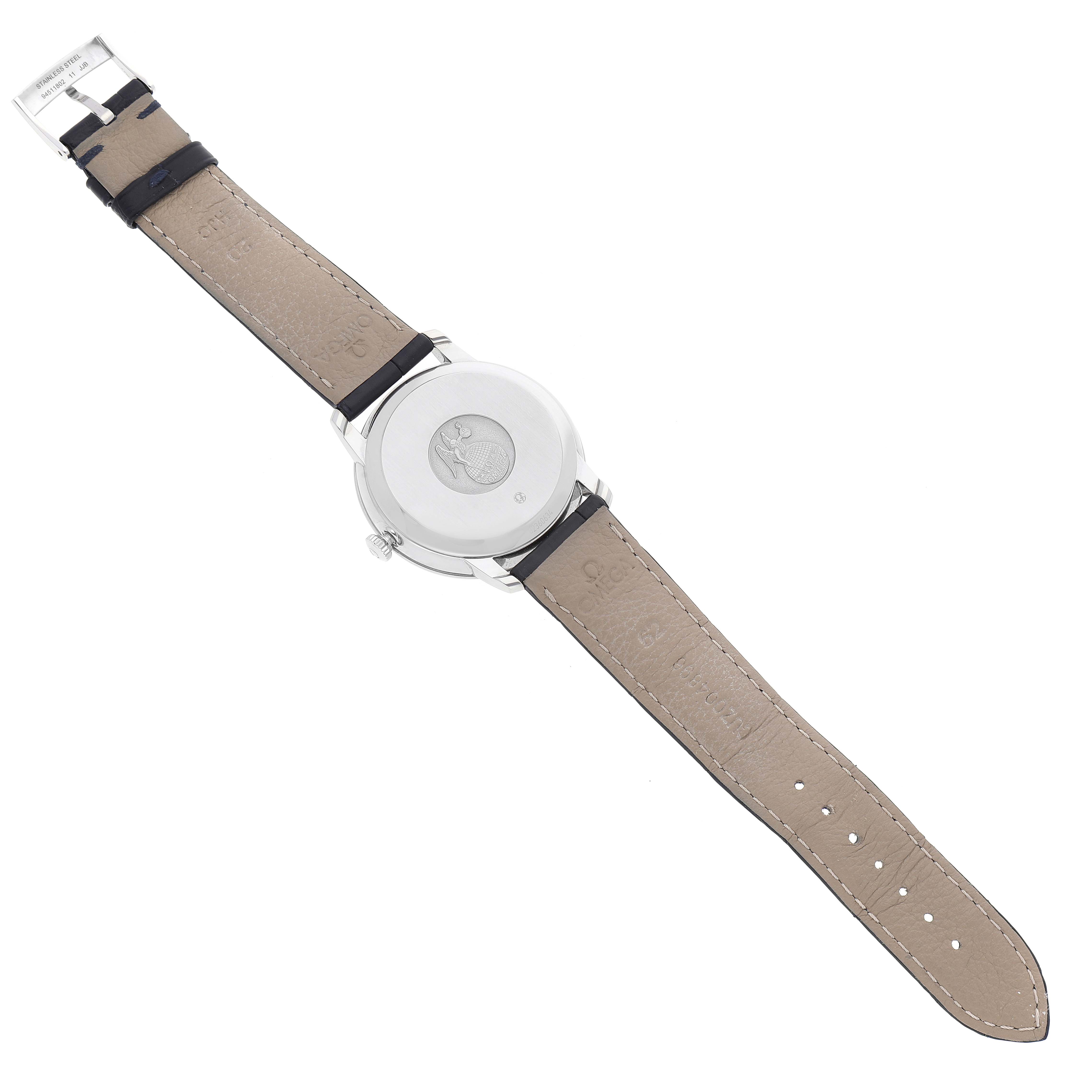 The image shows the back view of an Omega De Ville 424.13.40.20.02.003 Men's Stainless Steel Grey Dial 424.13.40.20.02.003 Men's Stainless Steel Grey Dial watch, displaying the case back and leather watch strap.