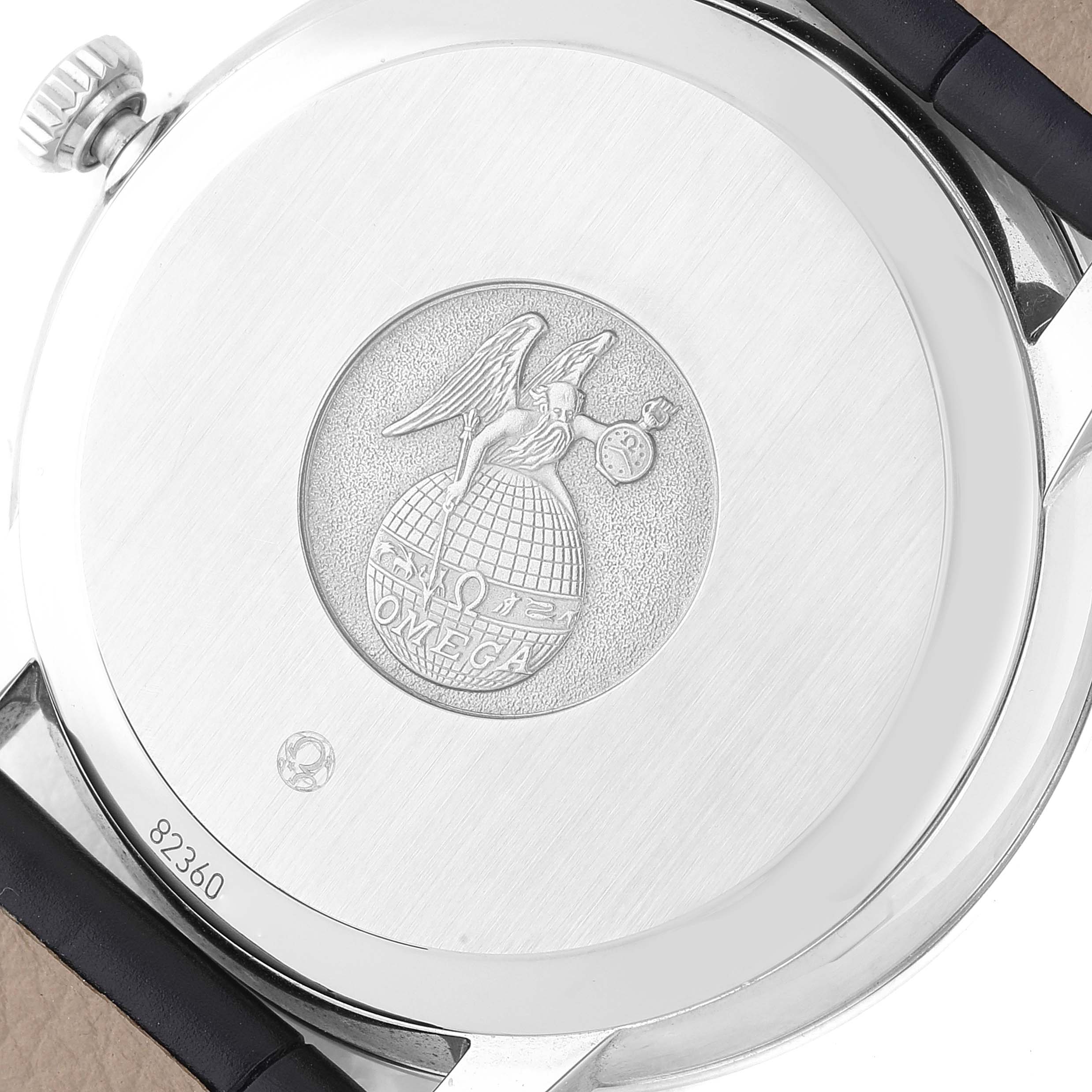 The image shows the back view of the Omega De Ville 424.13.40.20.02.003 Men's Stainless Steel Grey Dial 424.13.40.20.02.003 Men's Stainless Steel Grey Dial watch, revealing the engraved case back design and part of the strap.