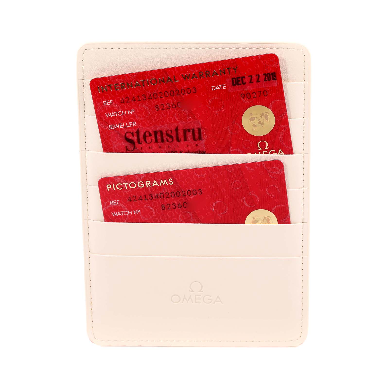 The image shows the warranty cards in a holder for the Omega De Ville 424.13.40.20.02.003 Men's Stainless Steel Grey Dial 424.13.40.20.02.003 Men's Stainless Steel Grey Dial watch model.