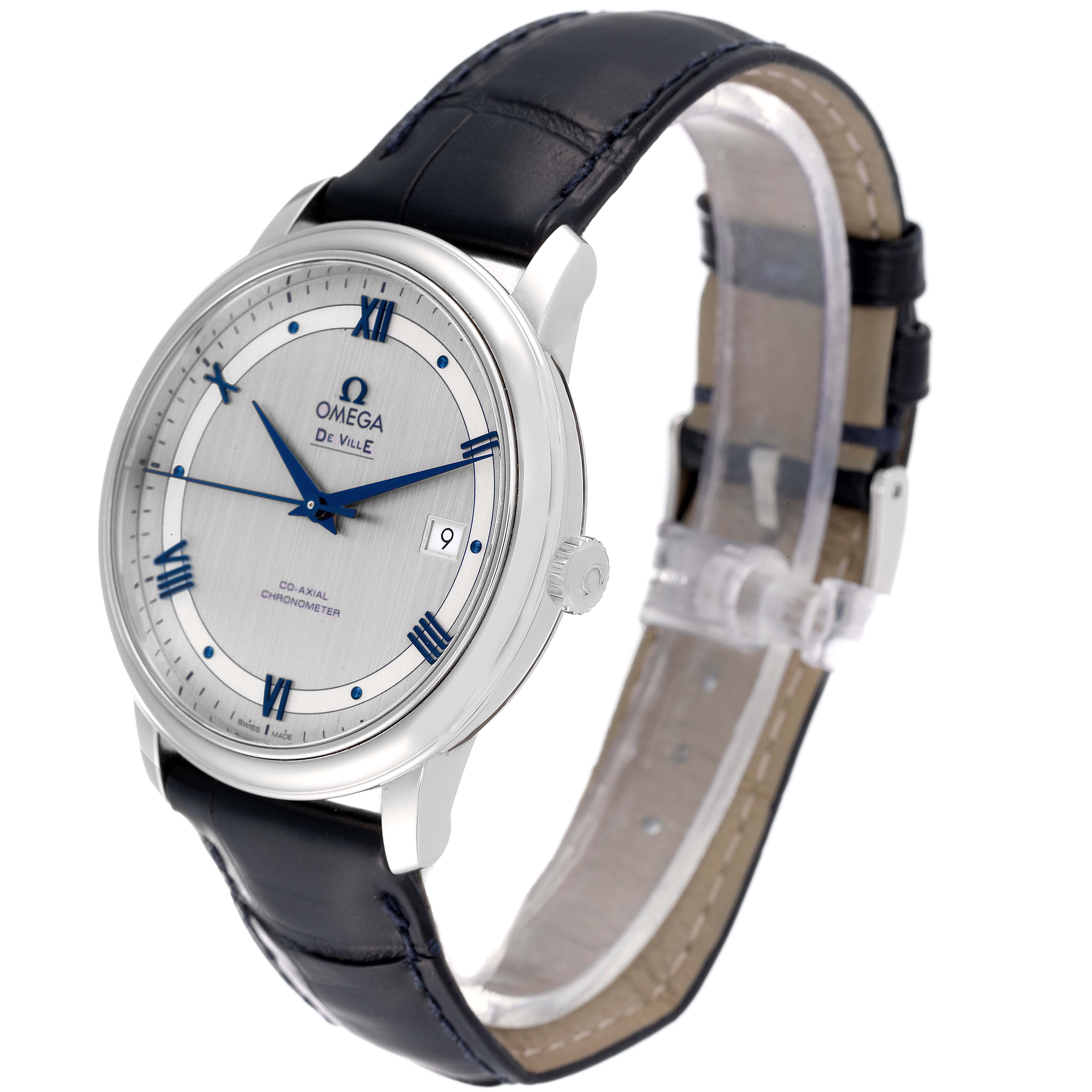 The Omega De Ville 424.13.40.20.02.003 Men's Stainless Steel Grey Dial 424.13.40.20.02.003 Men's Stainless Steel Grey Dial watch is shown at a three-quarter angle, highlighting its face, dial, and leather strap.