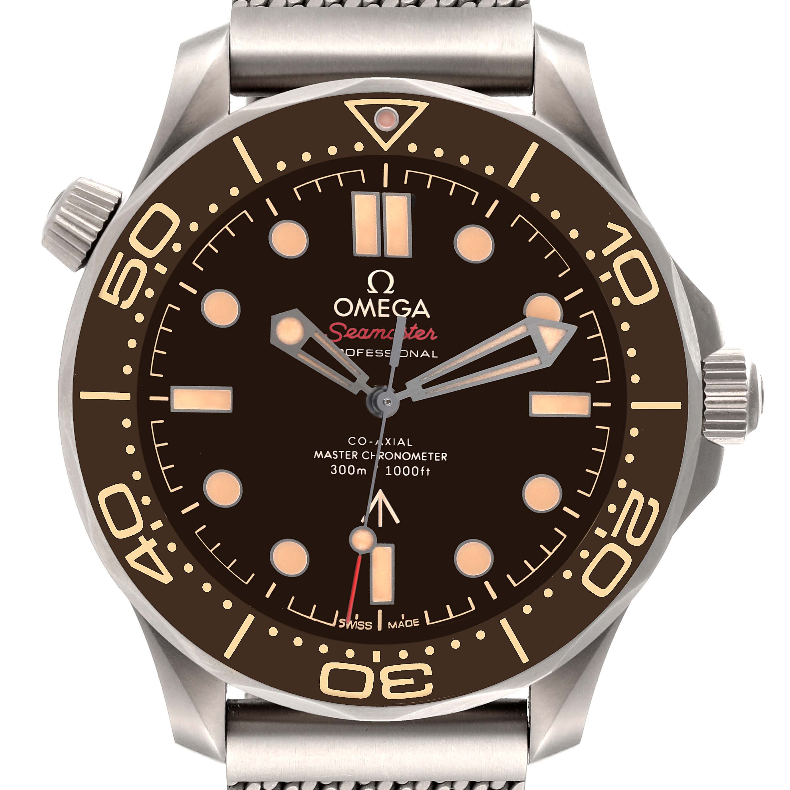 The Omega Seamaster 210.90.42.20.01.001 Men's Titanium Brown Dial 210.90.42.20.01.001 Men's Titanium Brown Dial watch is shown from a front angle, displaying its face, bezel, and crown.
