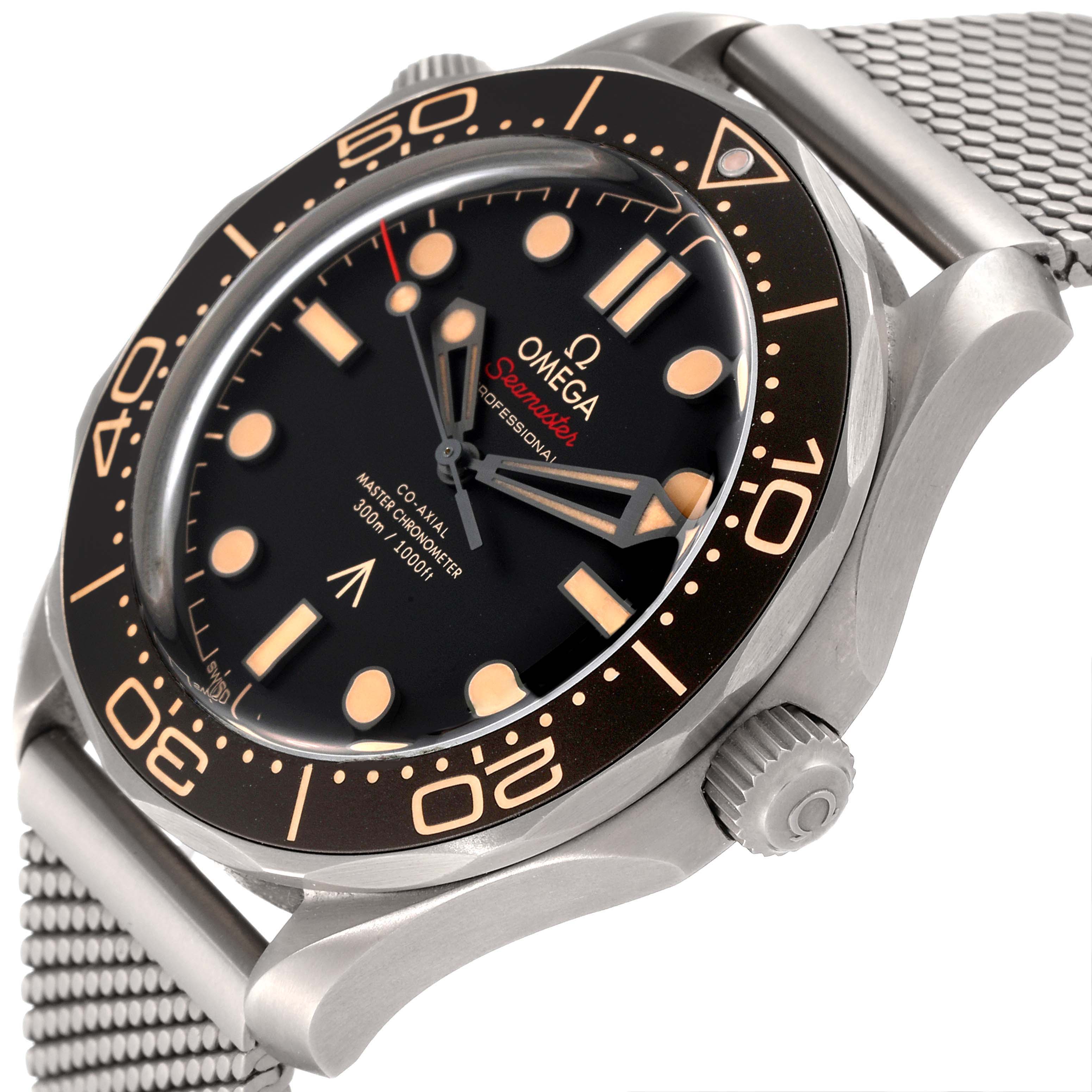 This image shows a side angle of the Omega Seamaster 210.90.42.20.01.001 Men's Titanium Brown Dial 210.90.42.20.01.001 Men's Titanium Brown Dial watch, highlighting the bezel, dial, crown, and mesh bracelet.