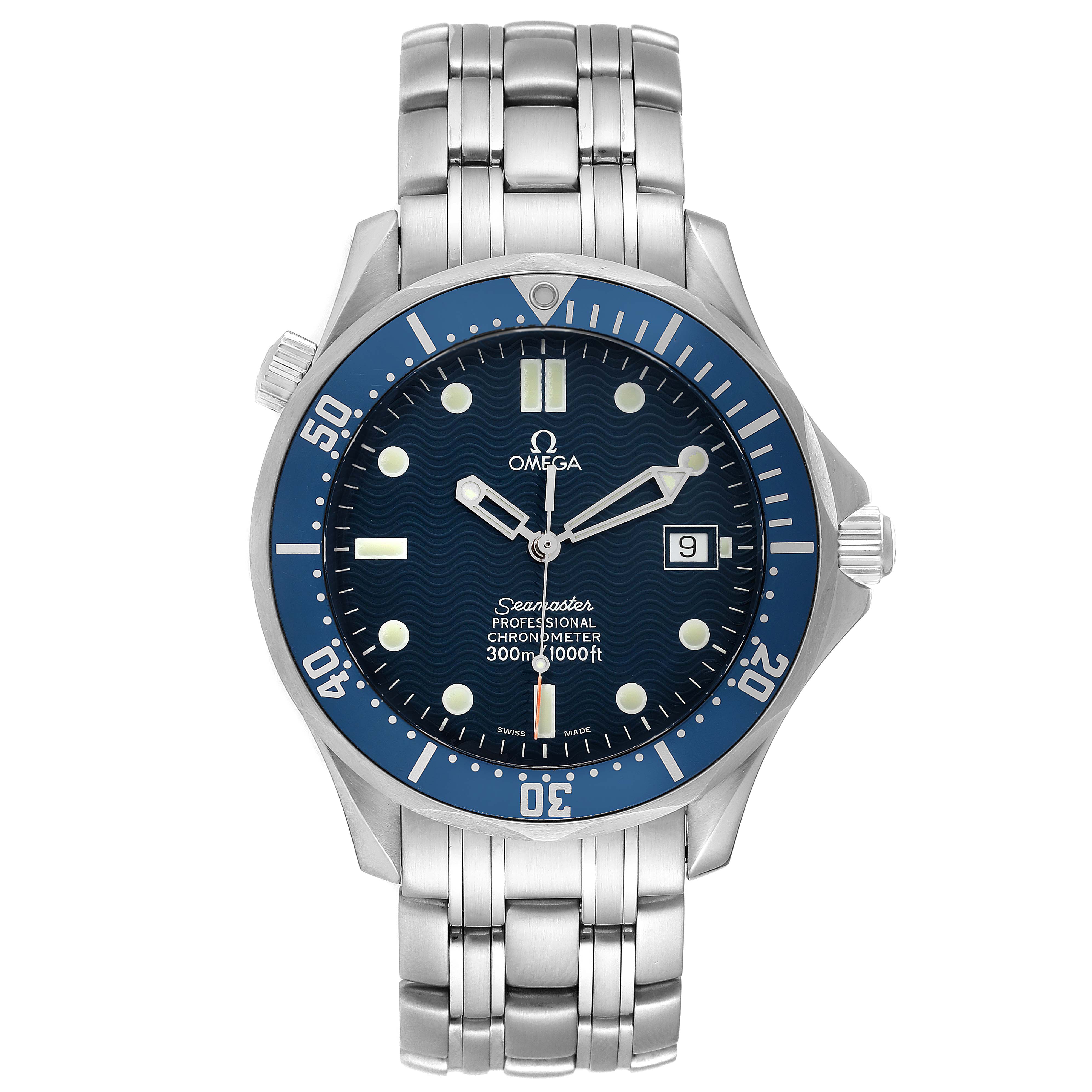 The image shows a front view of an Omega Seamaster 2531.80.00 Men's Stainless Steel Blue Dial 2531.80.00 Men's Stainless Steel Blue Dial watch, displaying its dial, bezel, and stainless steel bracelet.